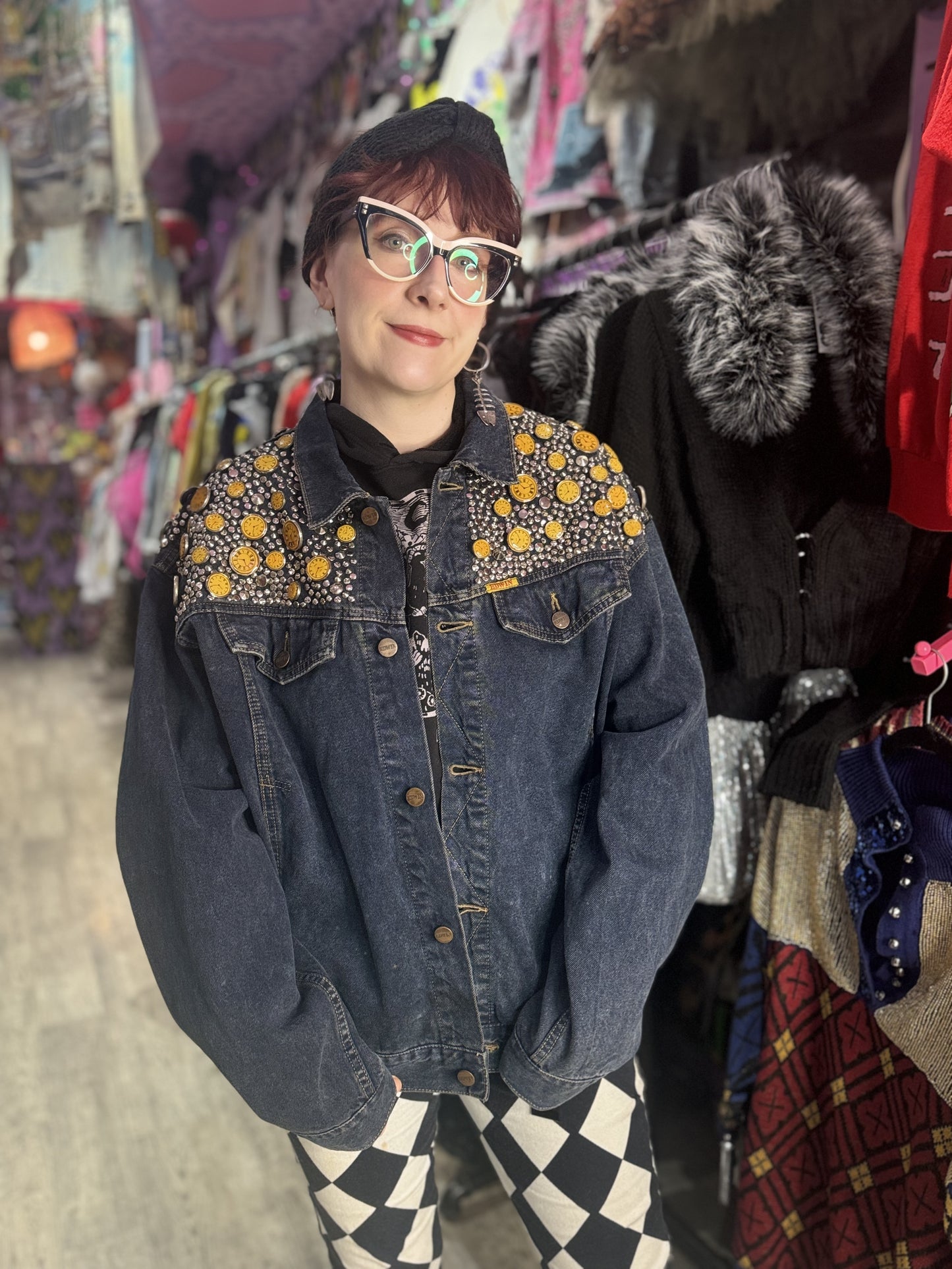 Vintage 80s Studded Clocks Jean Jacket