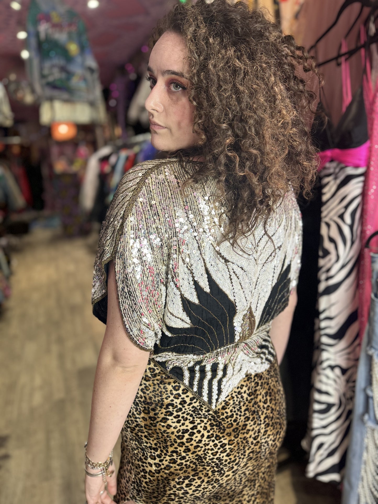 Vintage 80s Sequin Silver Gold Butterfly Top