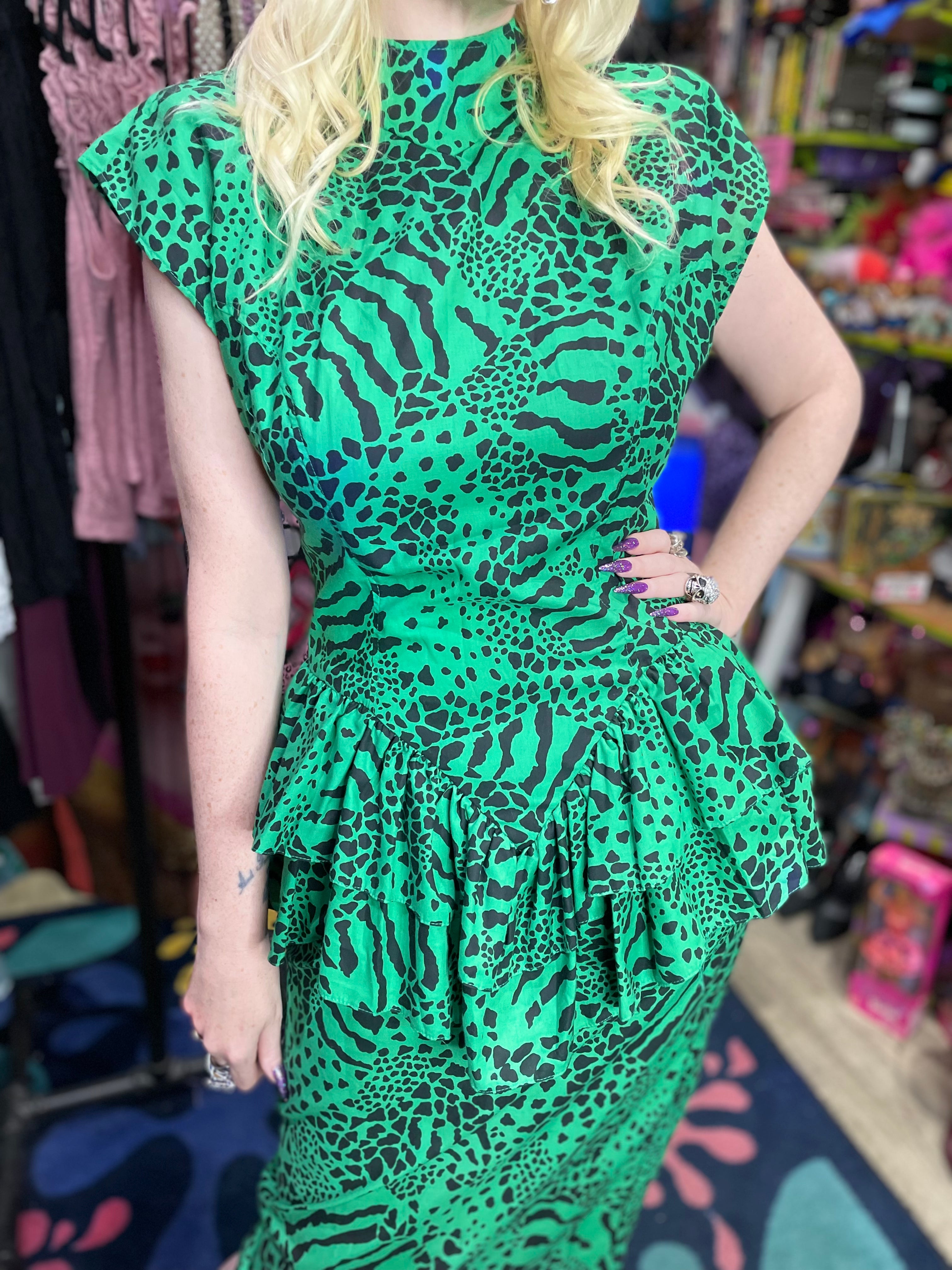 Vintage 80's Green Animal Print Peplum Midi Dress – Spark Pretty