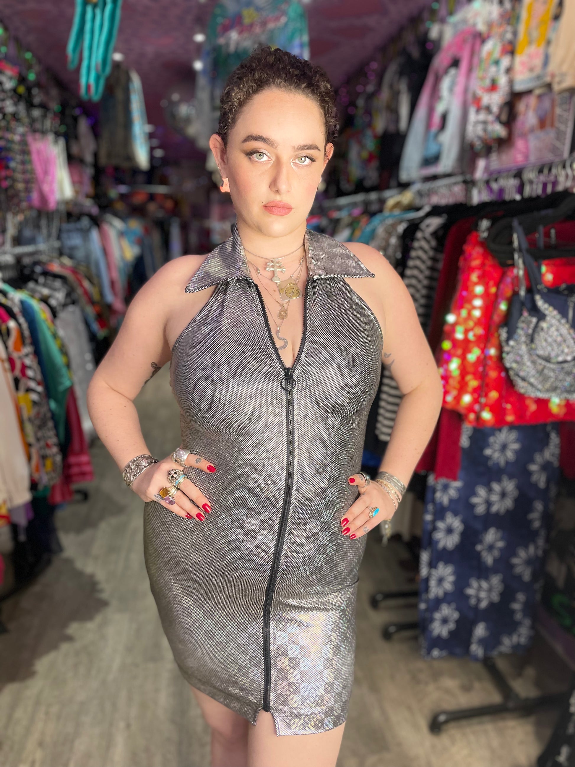 Vintage 90's Zip Front O Ring Silver Hologram Halter Minidress Spark Pretty Vintage 90's Zip Front O Ring Silver Hologram Halter Minidress Spark Pretty