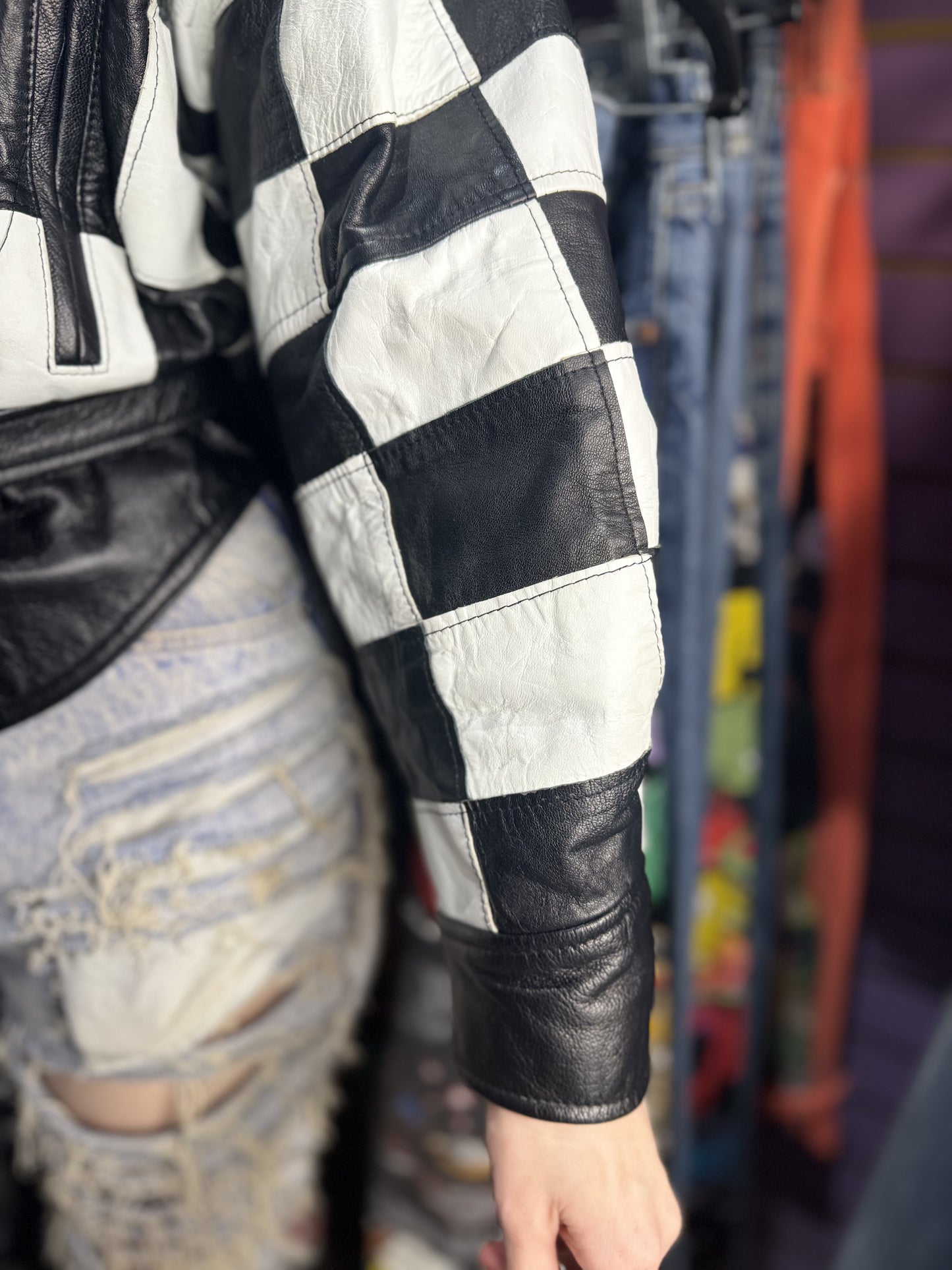 Vintage 80s Black & White Checkered Leather Jacket