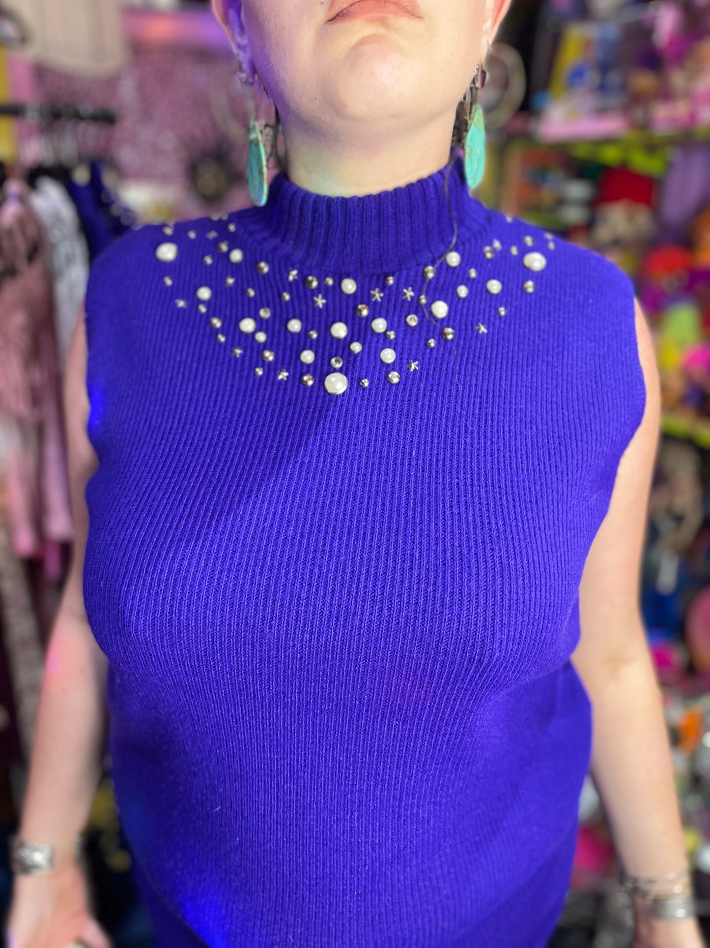 Vintage 80s Purple Pearl Studded Sweater Turtleneck Tunic Top