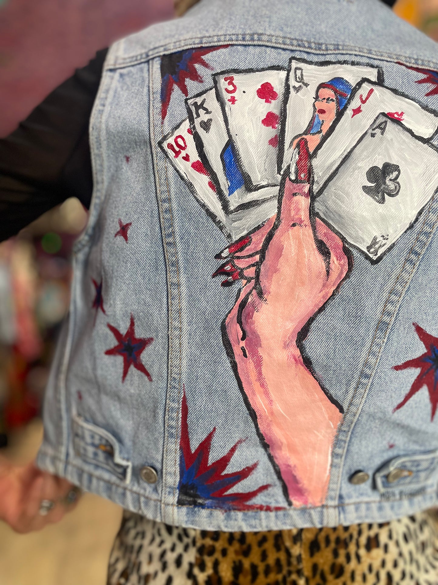 Vintage 90’s hand Painted Lady Luck Denim Vest