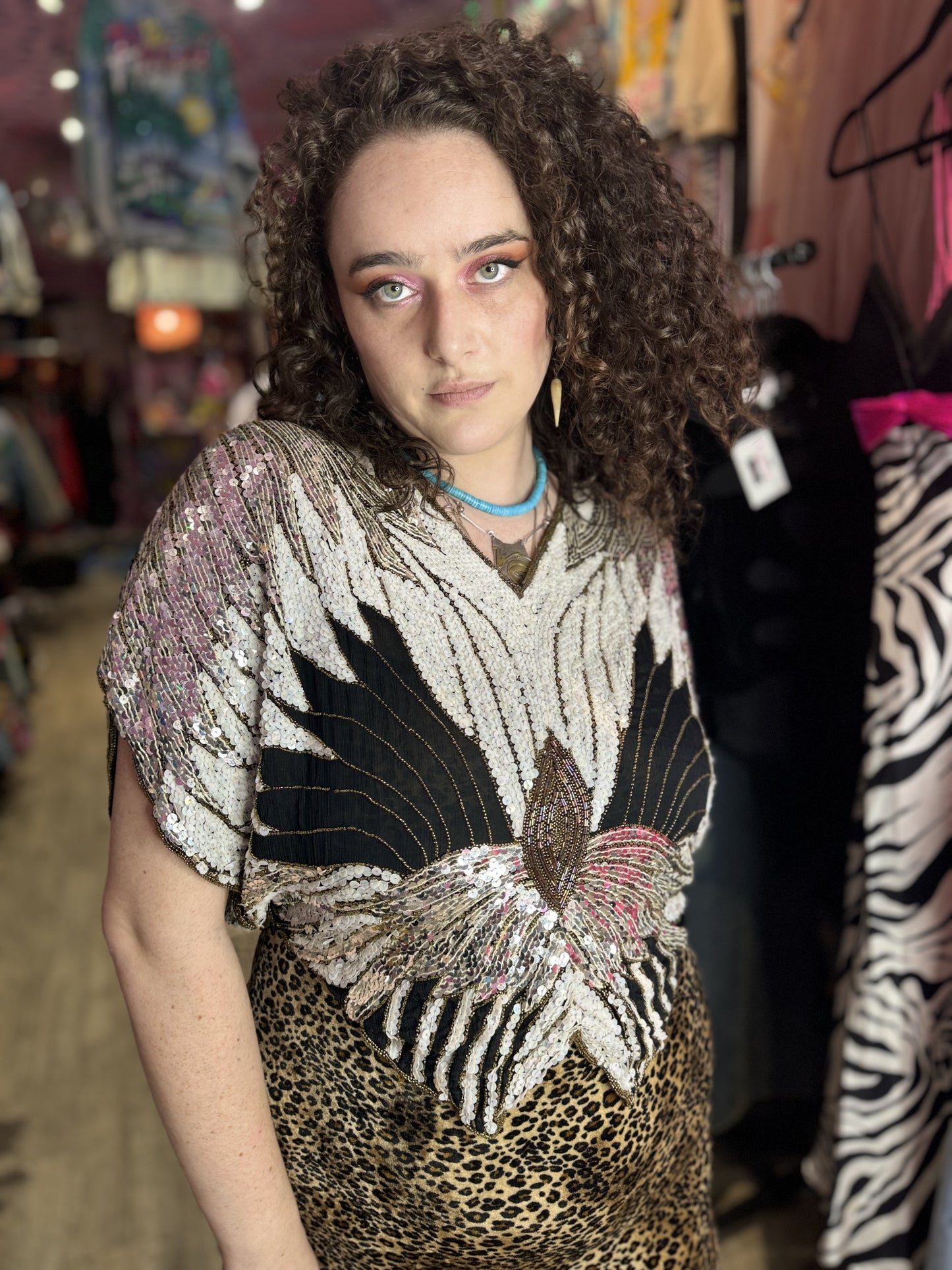 Vintage 80s Sequin Silver Gold Butterfly Top