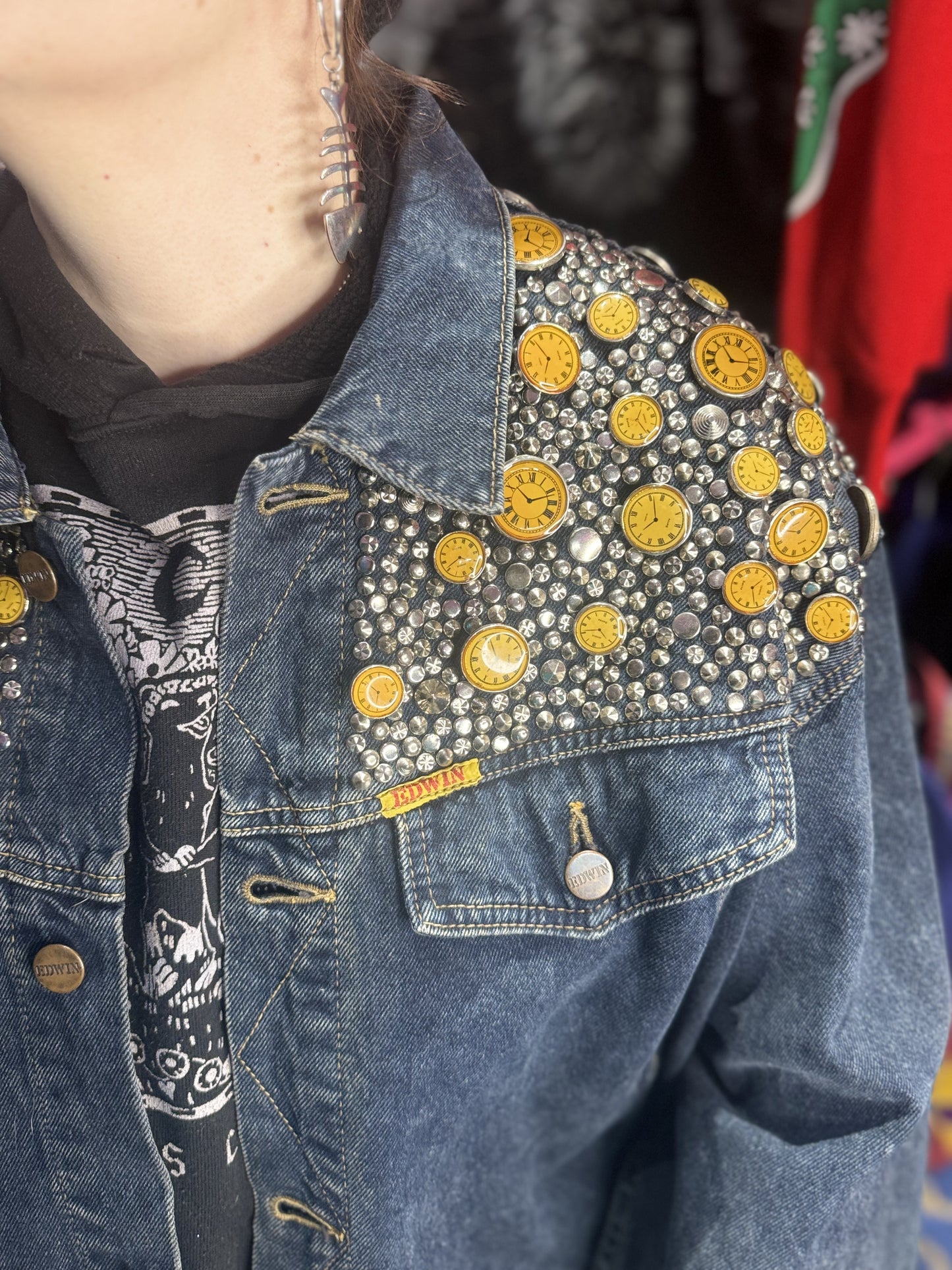 Vintage 80s Studded Clocks Jean Jacket