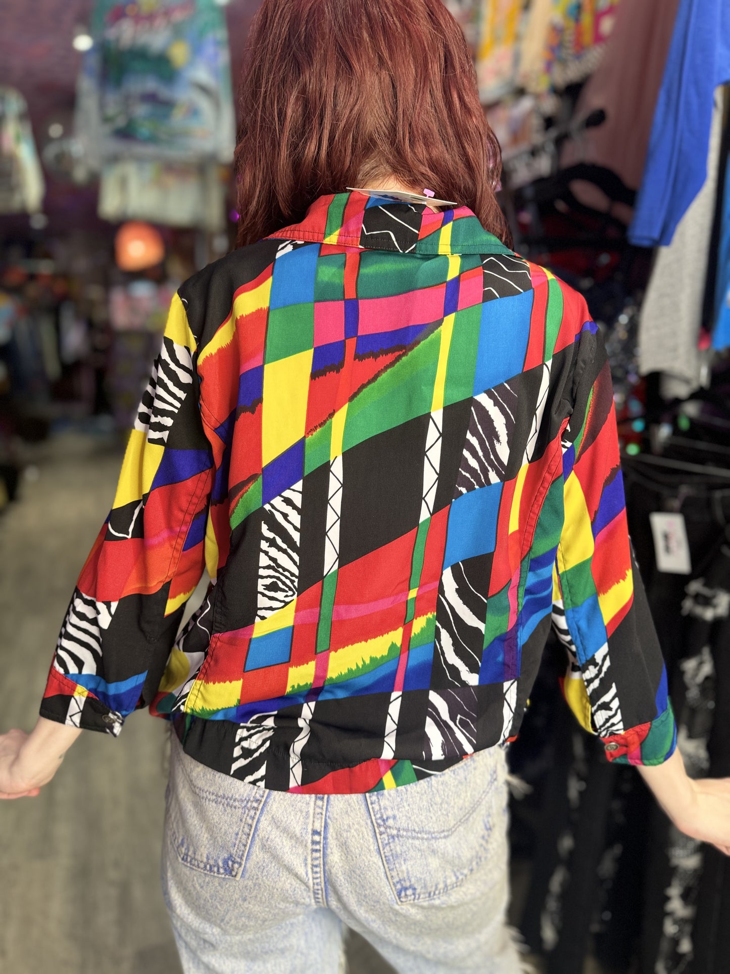 Vintage 90s Colorful Mix Print Zip Cropped Jacket