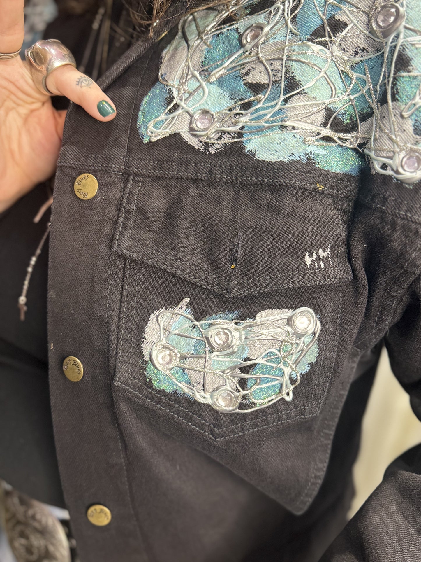 Vintage 90s Painted and Bedazzled Black Jean Jacket