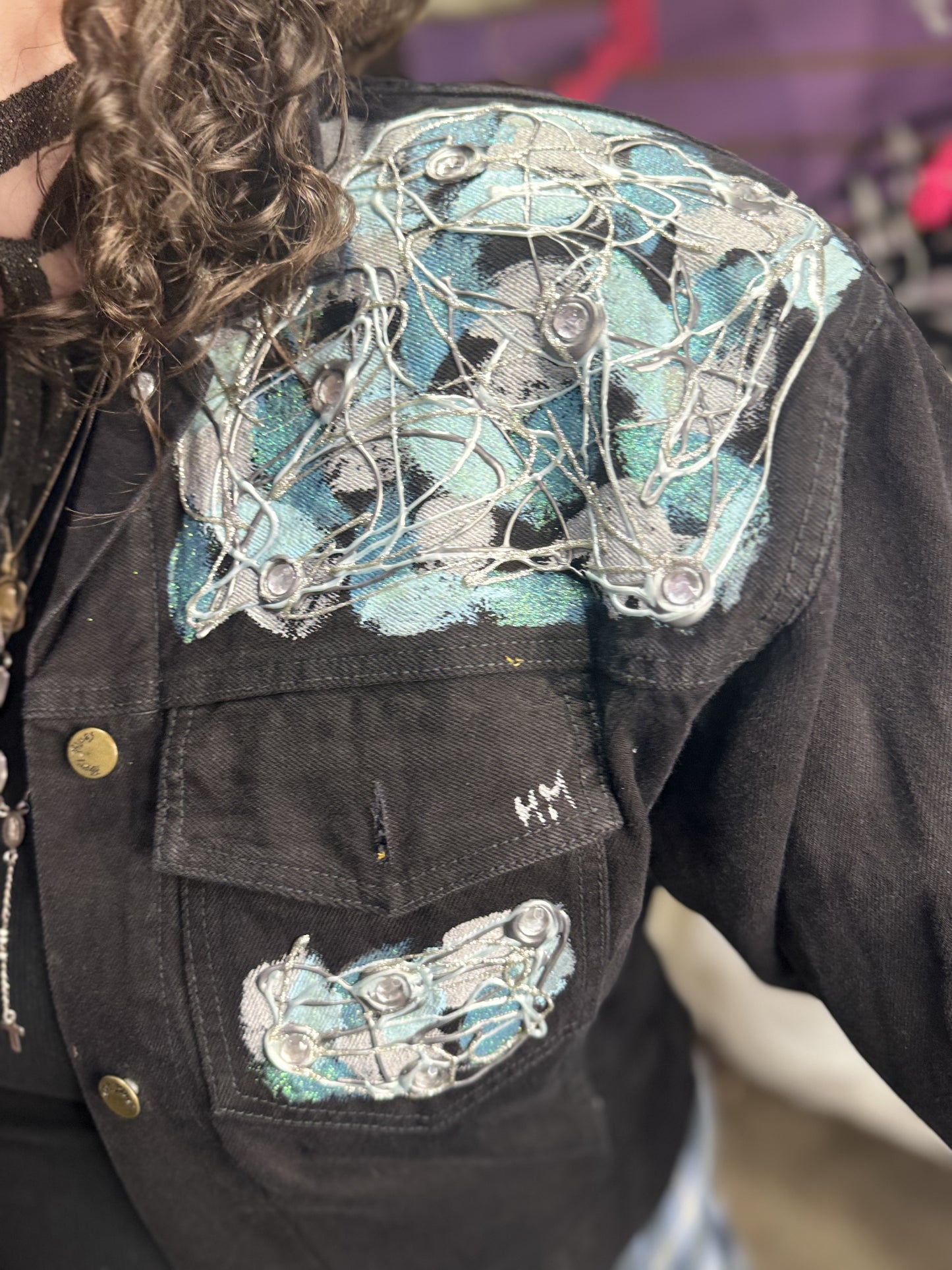 Vintage 90s Painted and Bedazzled Black Jean Jacket