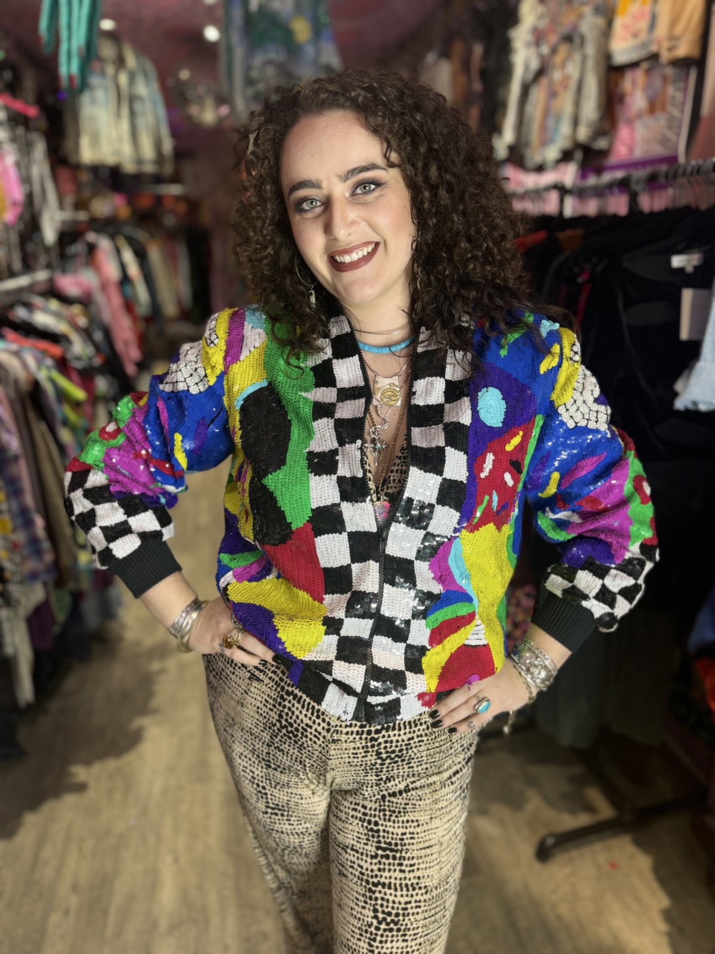 Vintage 90s Wild Colorful Mix Print Sequin Encrusted Bomber Jacket