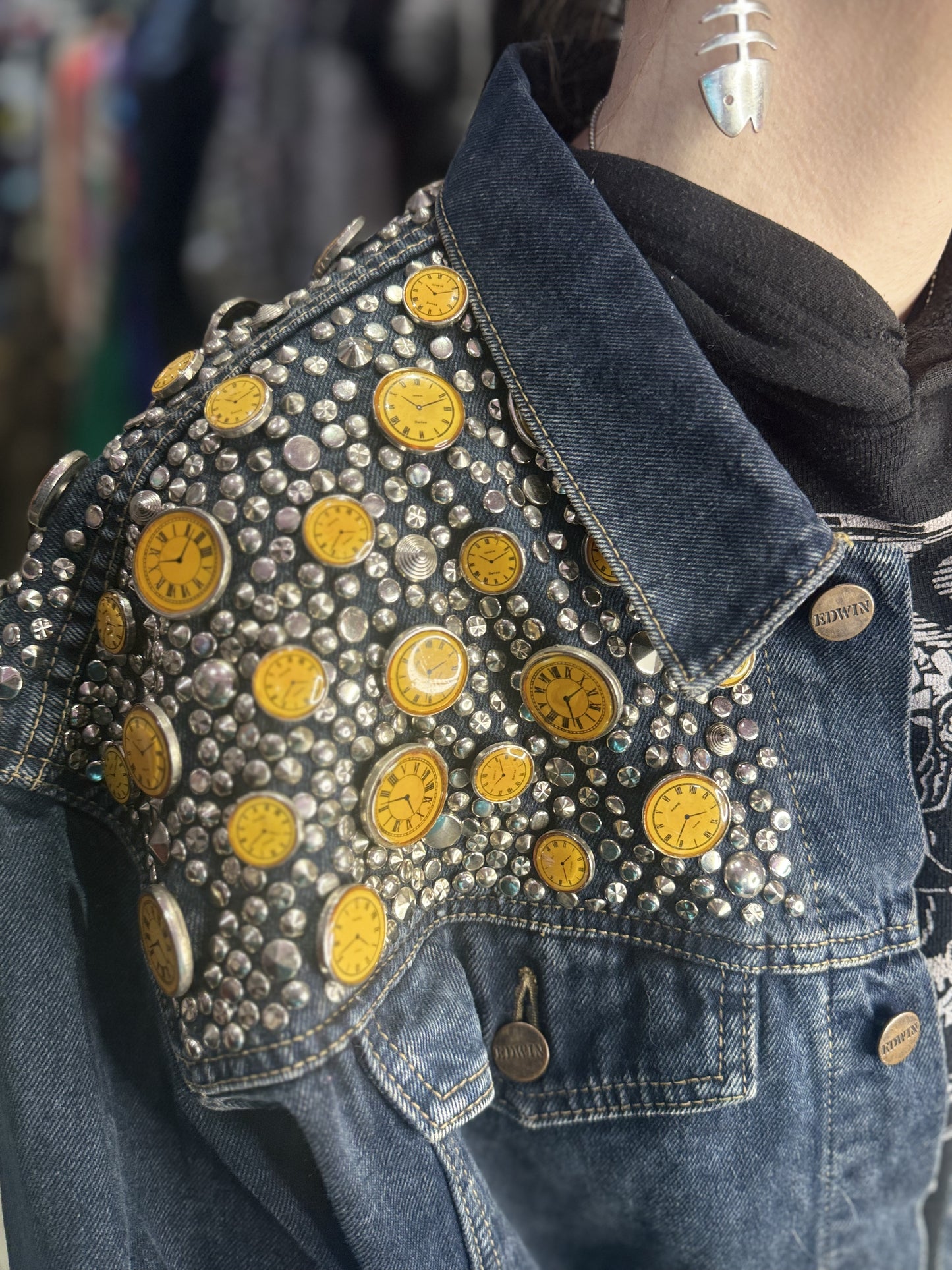 Vintage 80s Studded Clocks Jean Jacket