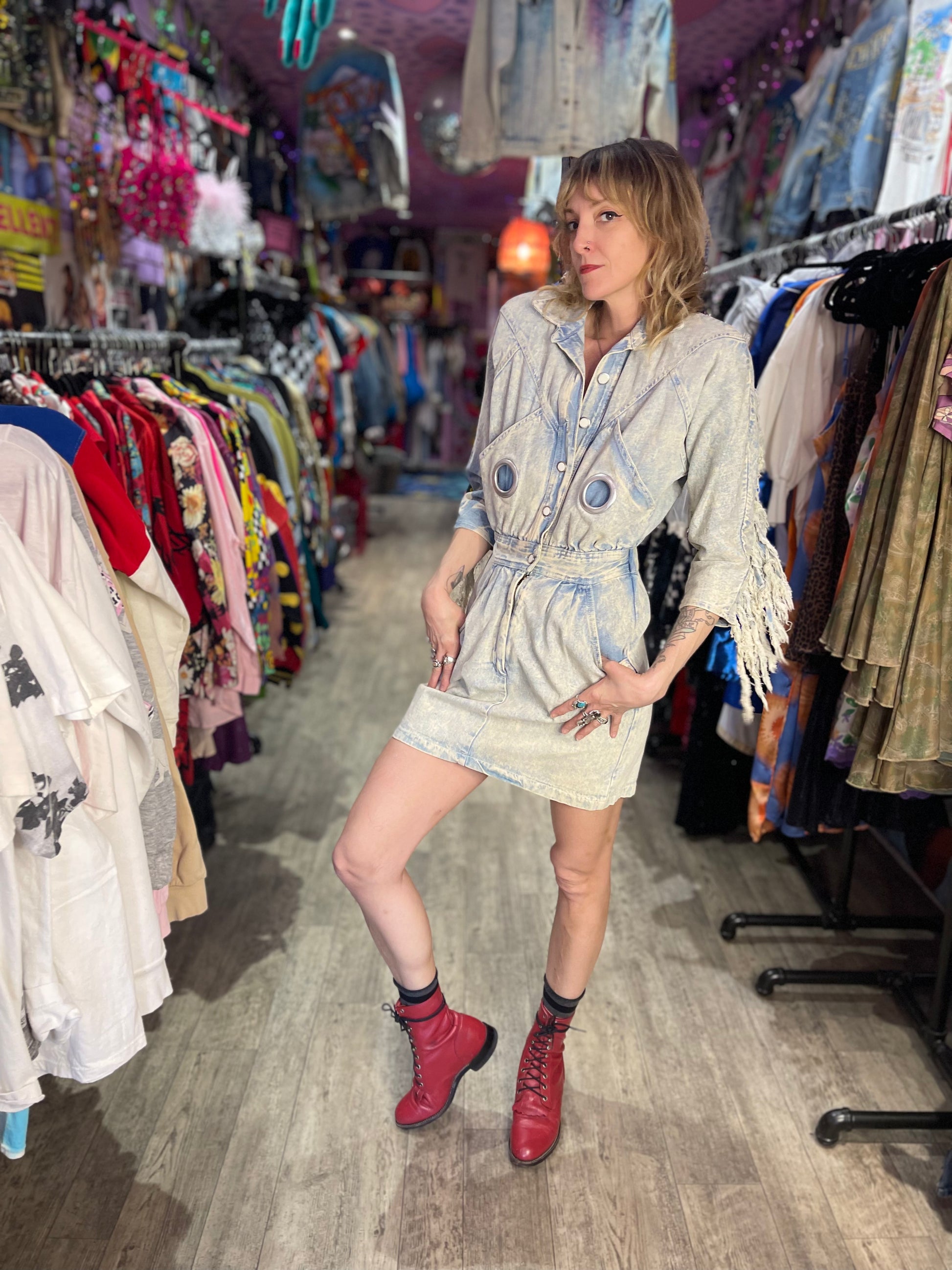 Vintage 80's Acid Wash Fringe Denim Mini Dress – Spark Pretty Vintage 80's Acid Wash Fringe Denim Mini Dress – Spark Pretty