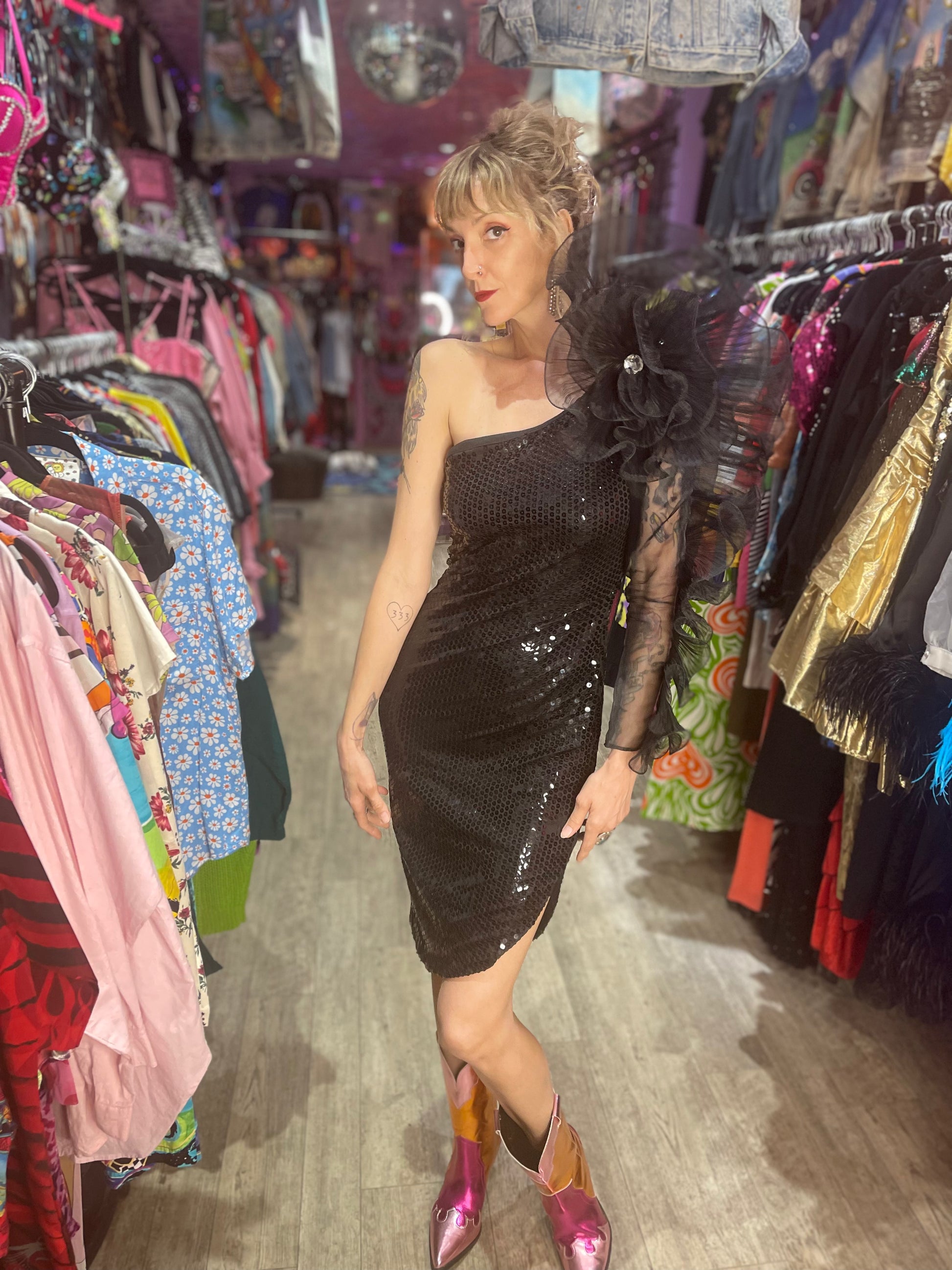 Vintage 80s Dramatic Shoulder Sequin Dress Spark Pretty Vintage 80s Dramatic Shoulder Sequin Dress Spark Pretty