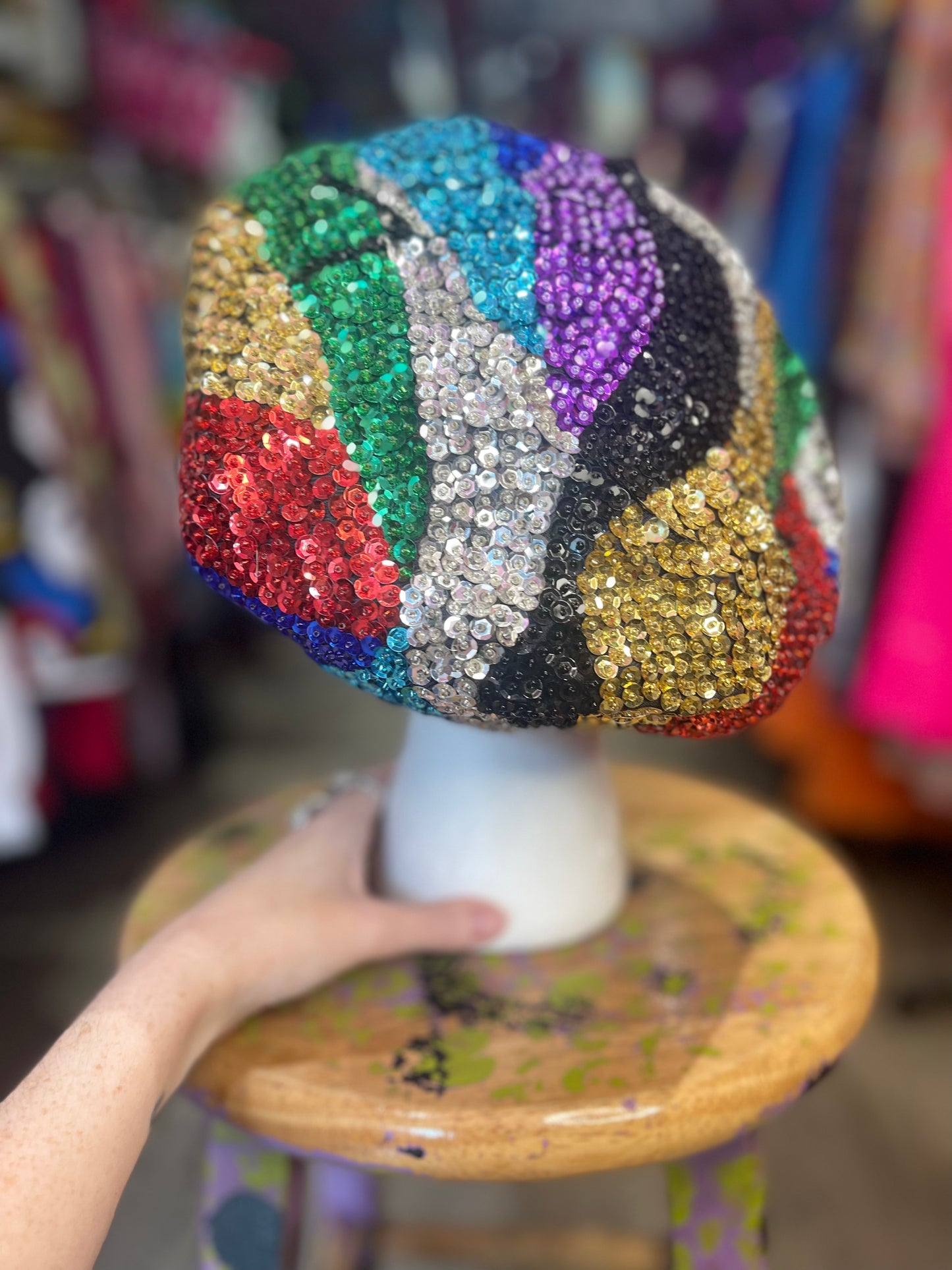 Vintage 80s Rainbow Sequin Hat Cap