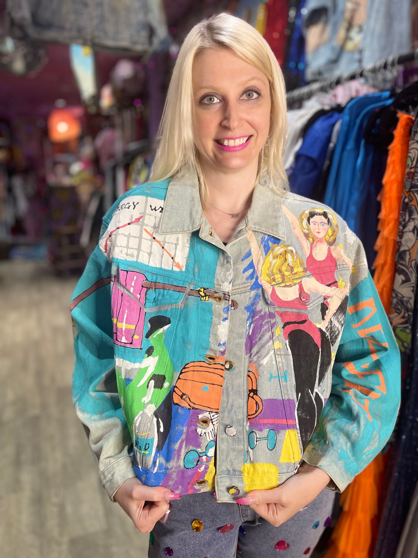 Vintage 80s Hand Painted Workout Theme Jean Jacket