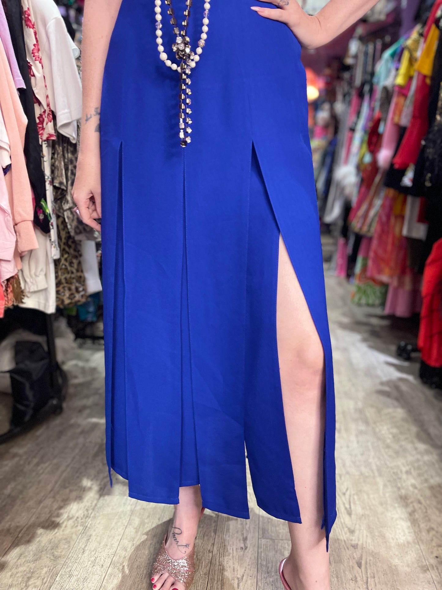 Vintage 90’s Blue Vent Pleat Fringe Maxi Dress