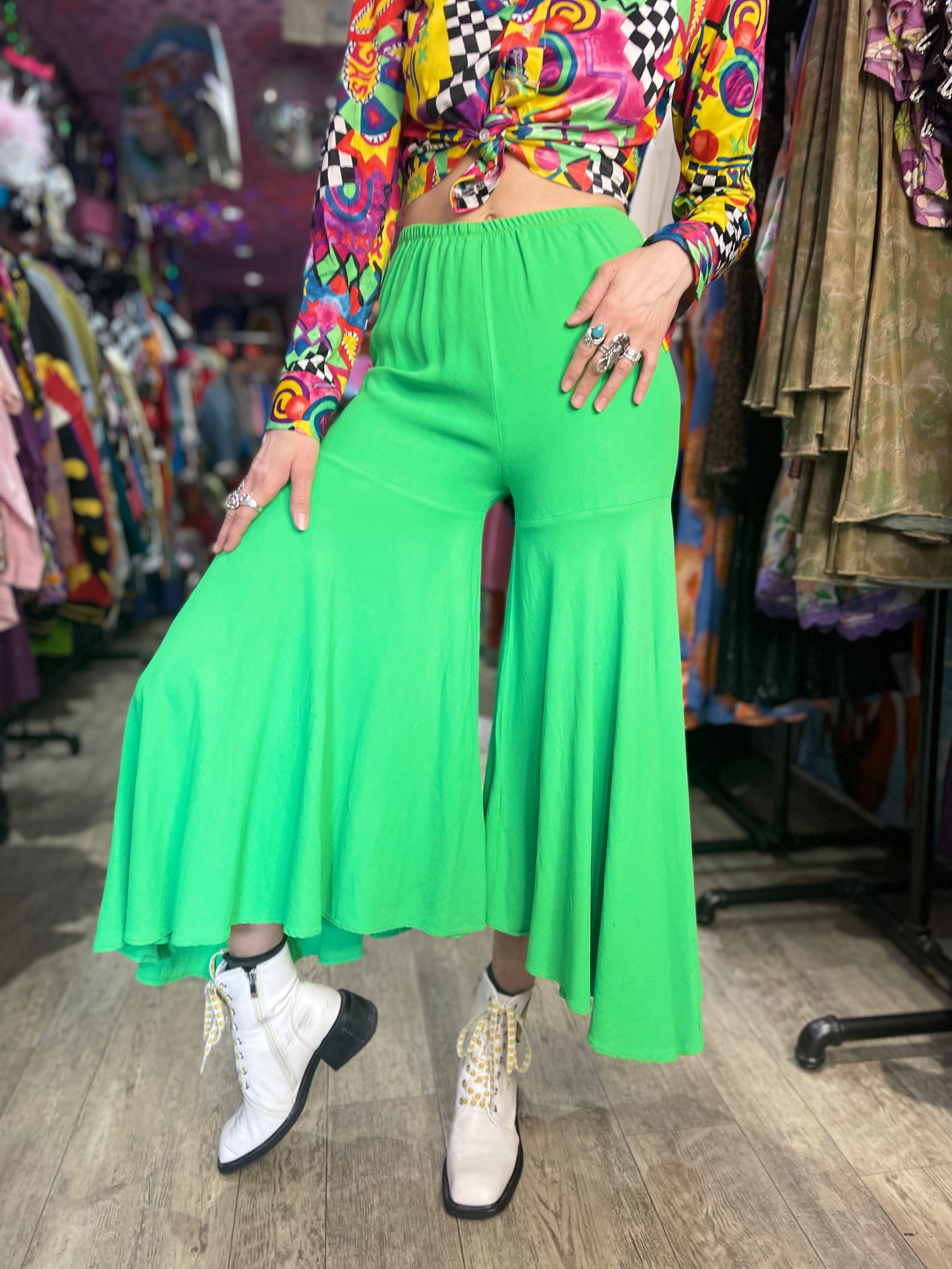 Vintage Lime Green Hippie Palazzo Bell Bottom Pants - Spark Pretty