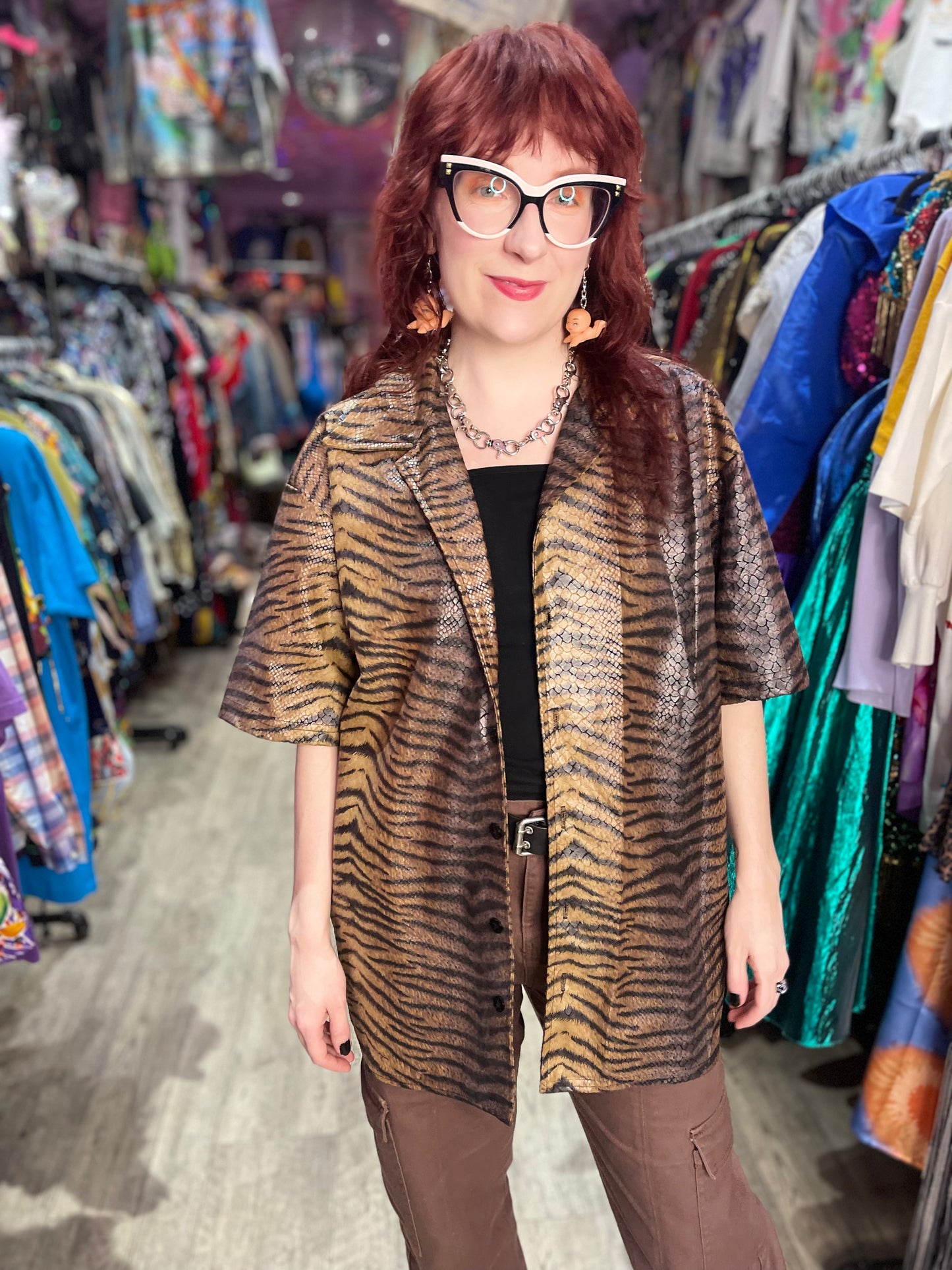 Vintage 90s Brown Textured Tiger Rave Shirt - Spark Pretty