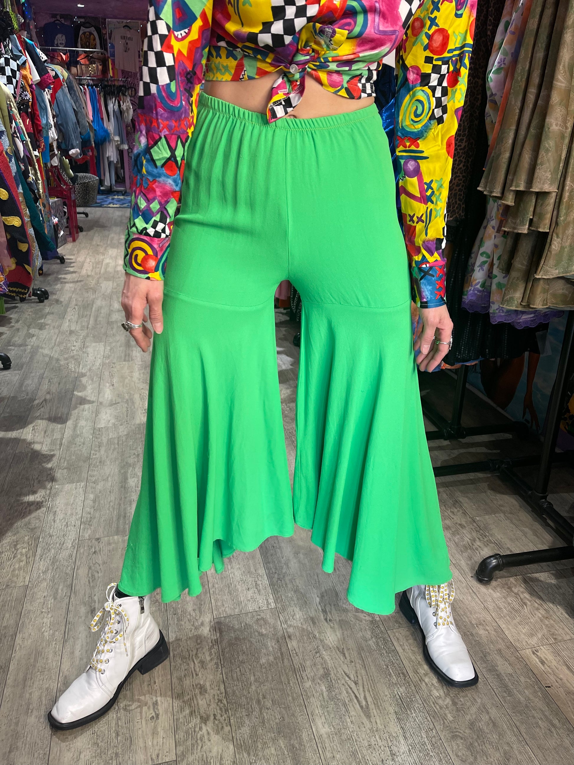 Vintage Lime Green Hippie Palazzo Bell Bottom Pants - Spark Pretty