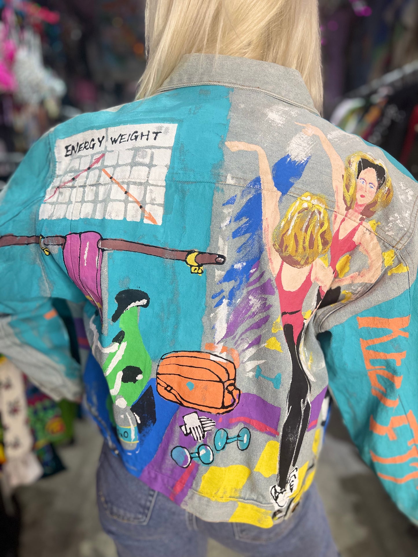 Vintage 80s Hand Painted Workout Theme Jean Jacket