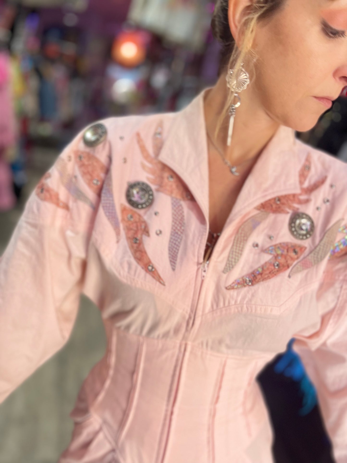 Vintage 80’s Pastel Pink Embroidered Jewel Studded Zip Up Mini Dress