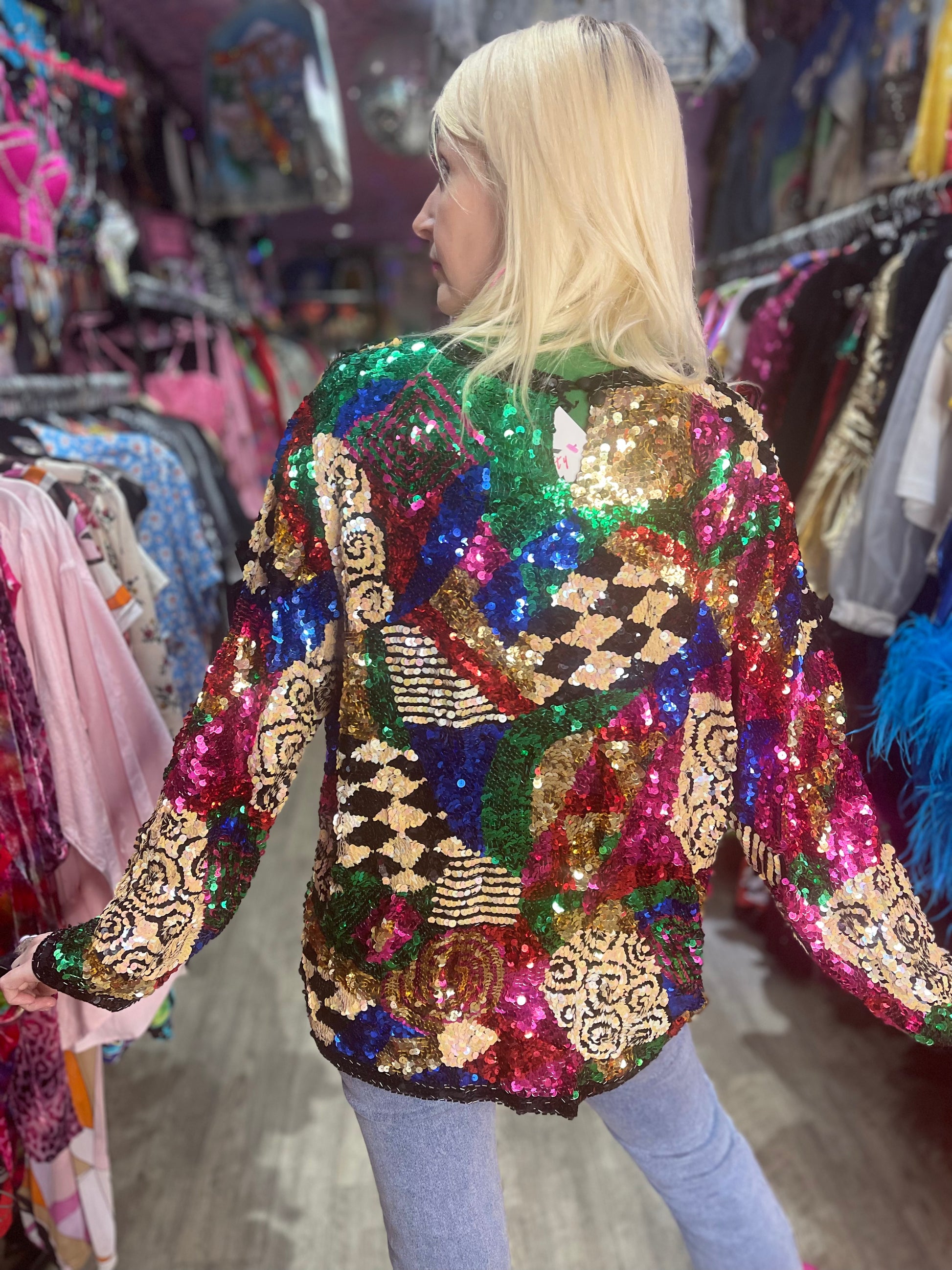 Vintage 80s Sequin Mix Print Top Spark Pretty