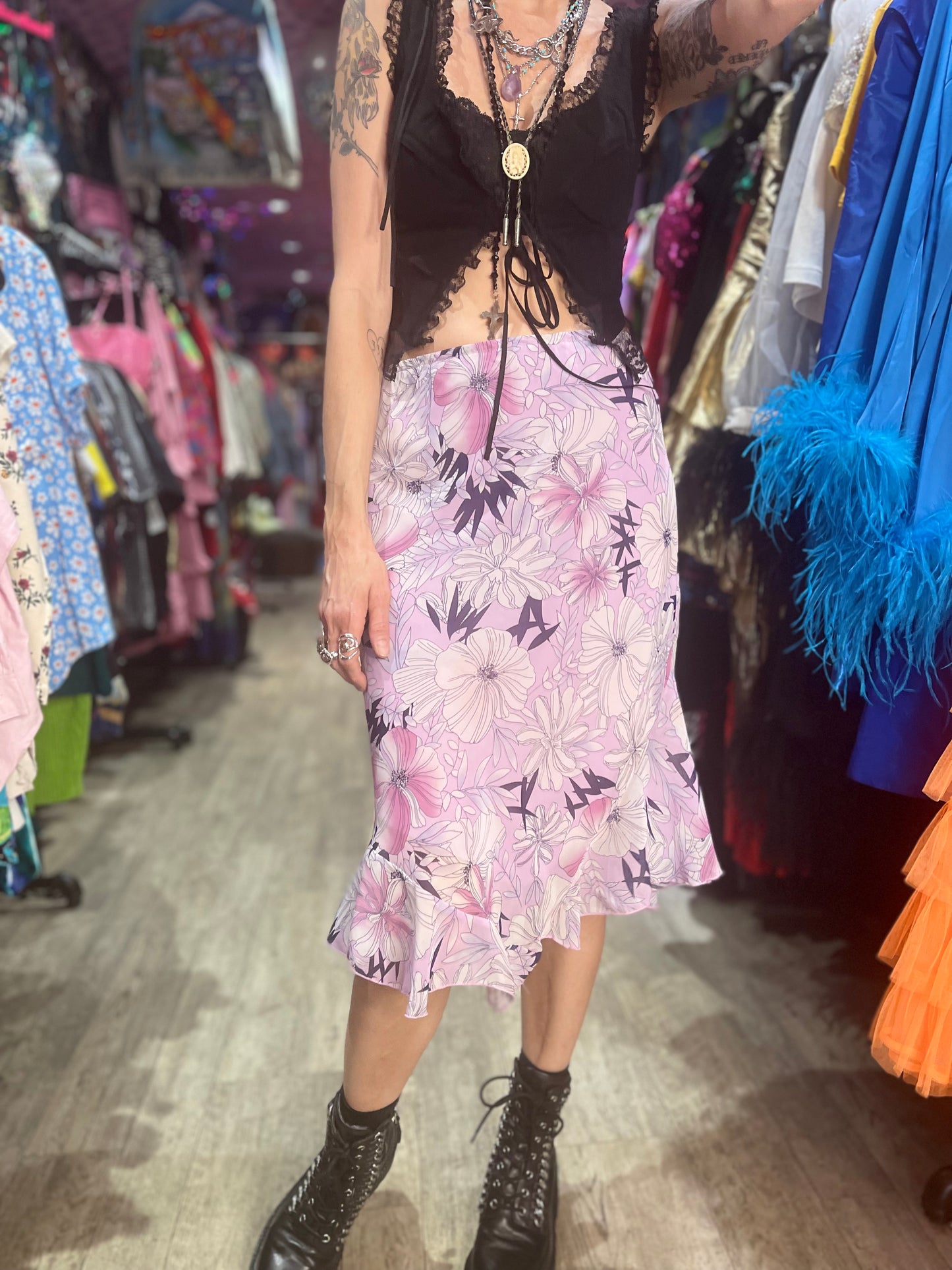 Vintage Y2K Purple Floral Ruffle Midi Skirt