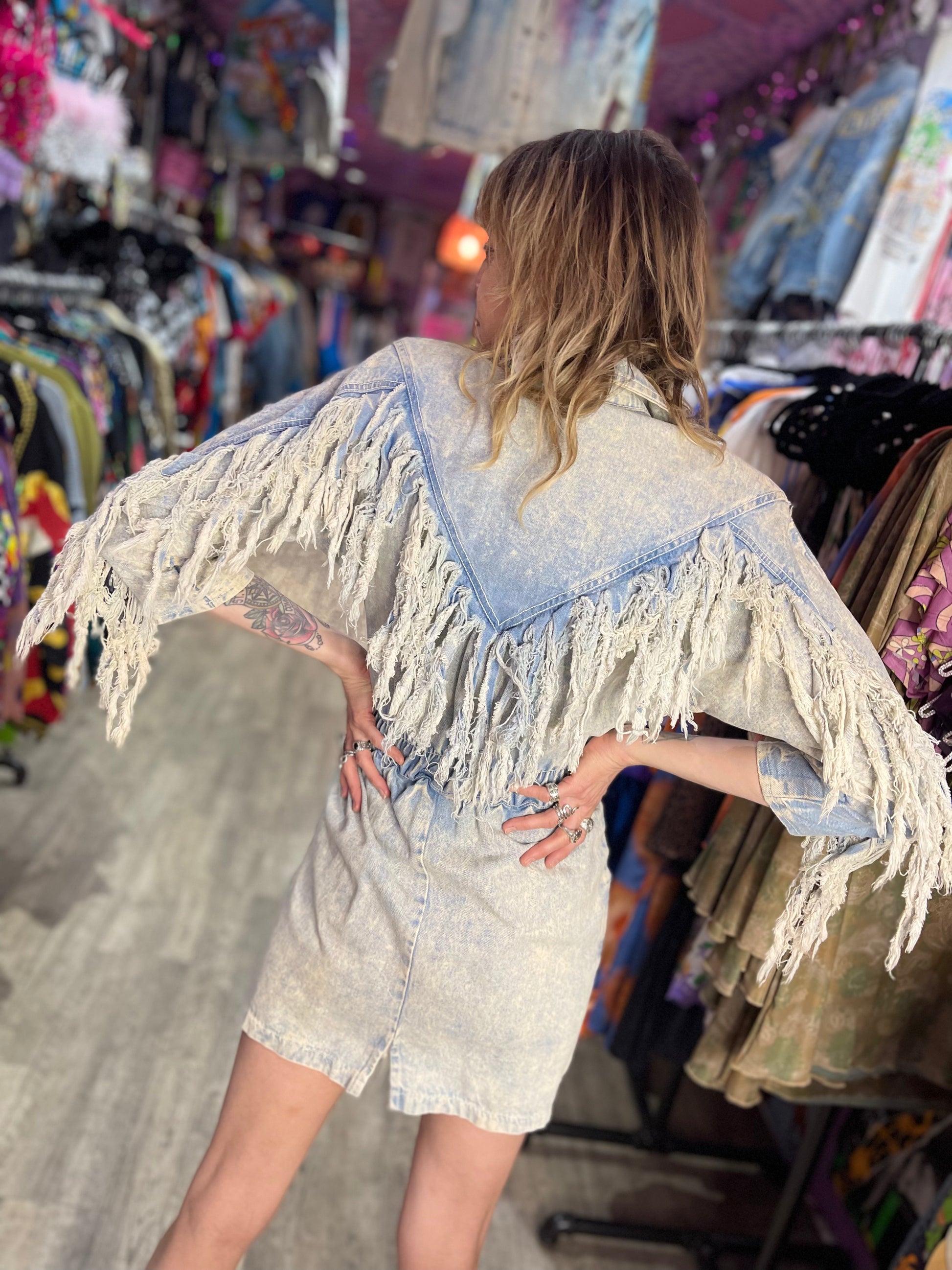Vintage 80's Acid Wash Fringe Denim Mini Dress – Spark Pretty
