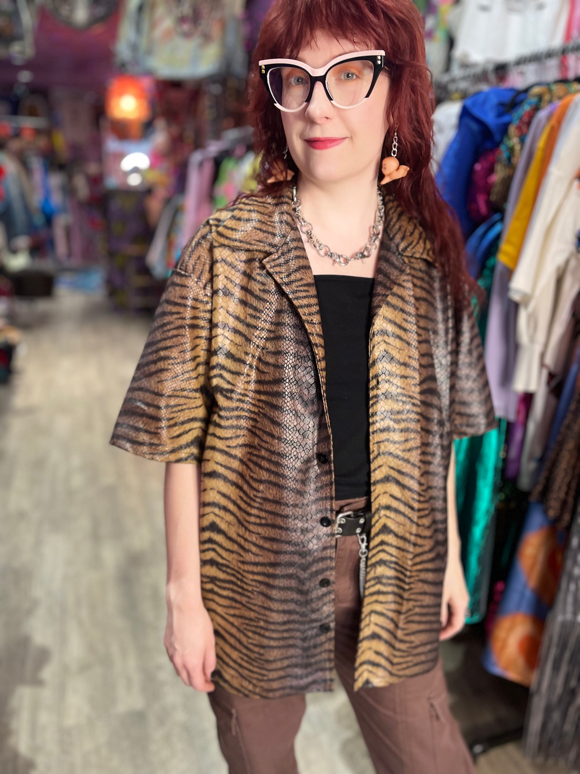 Vintage 90s Brown Textured Tiger Rave Shirt - Spark Pretty