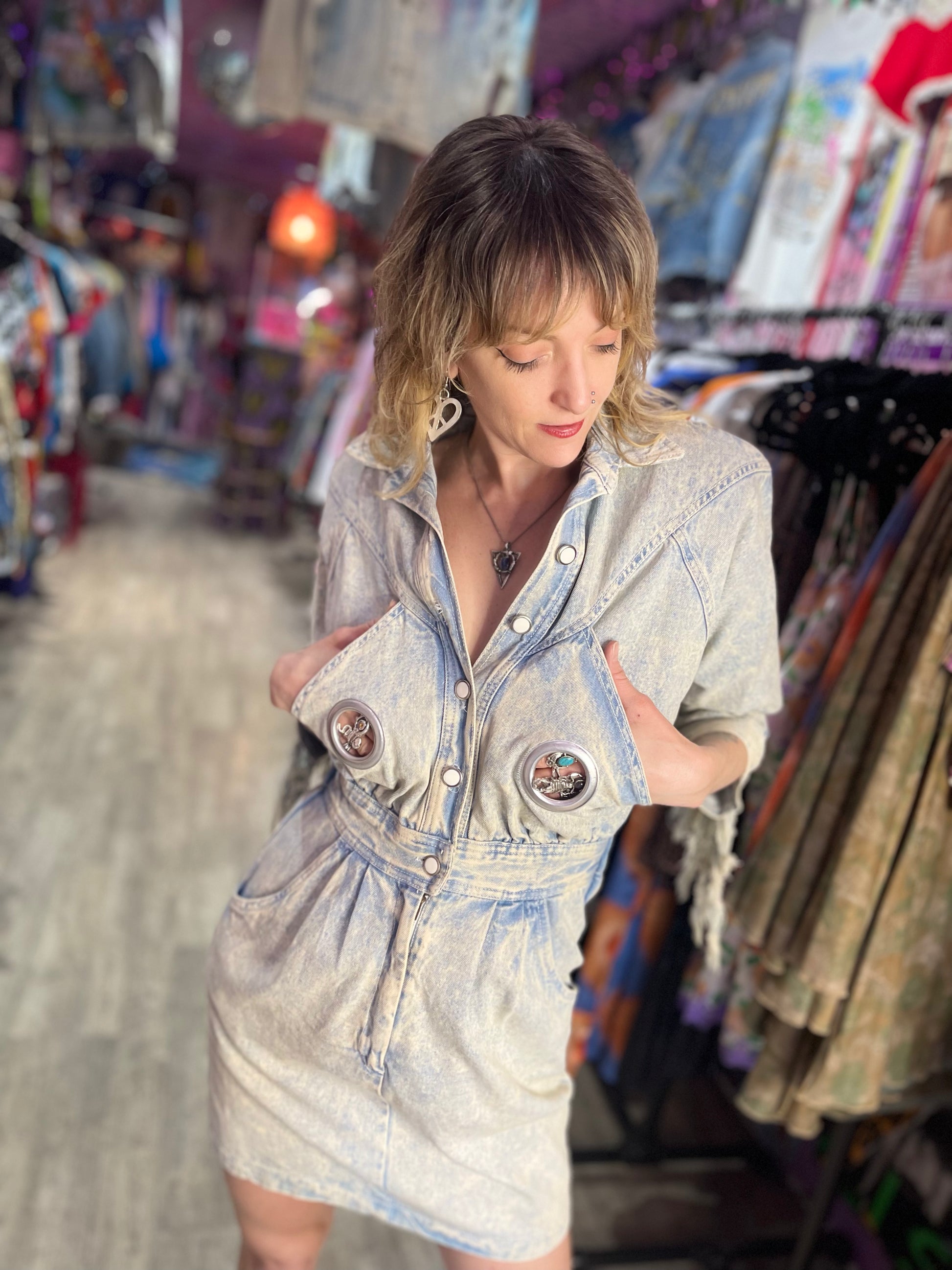 Vintage 80s Acid Wash Fringe Denim Mini Dress Vintage 80s Acid Wash Fringe Denim Mini Dress