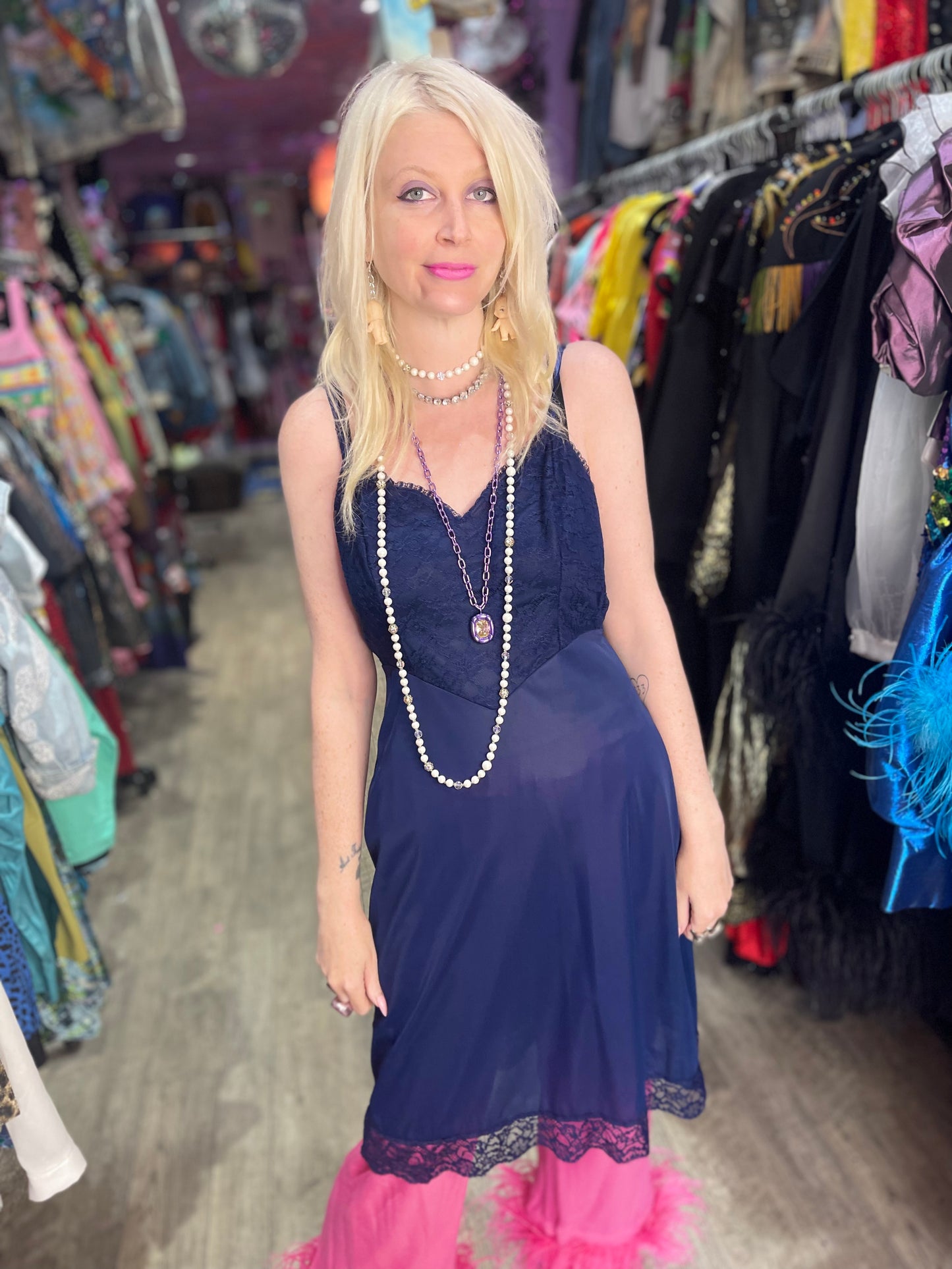 Vintage Navy Blue Lace Slip Dress