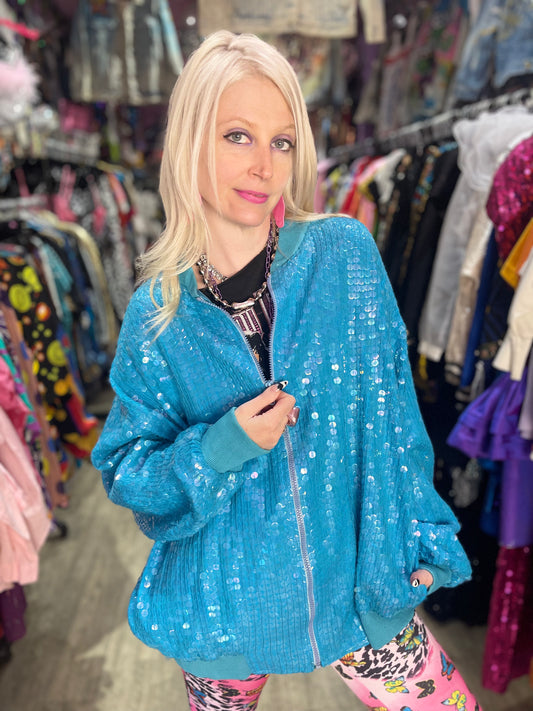 Vintage 80’s Aqua Sparkle Sequin Bomber Jacket - Spark Pretty