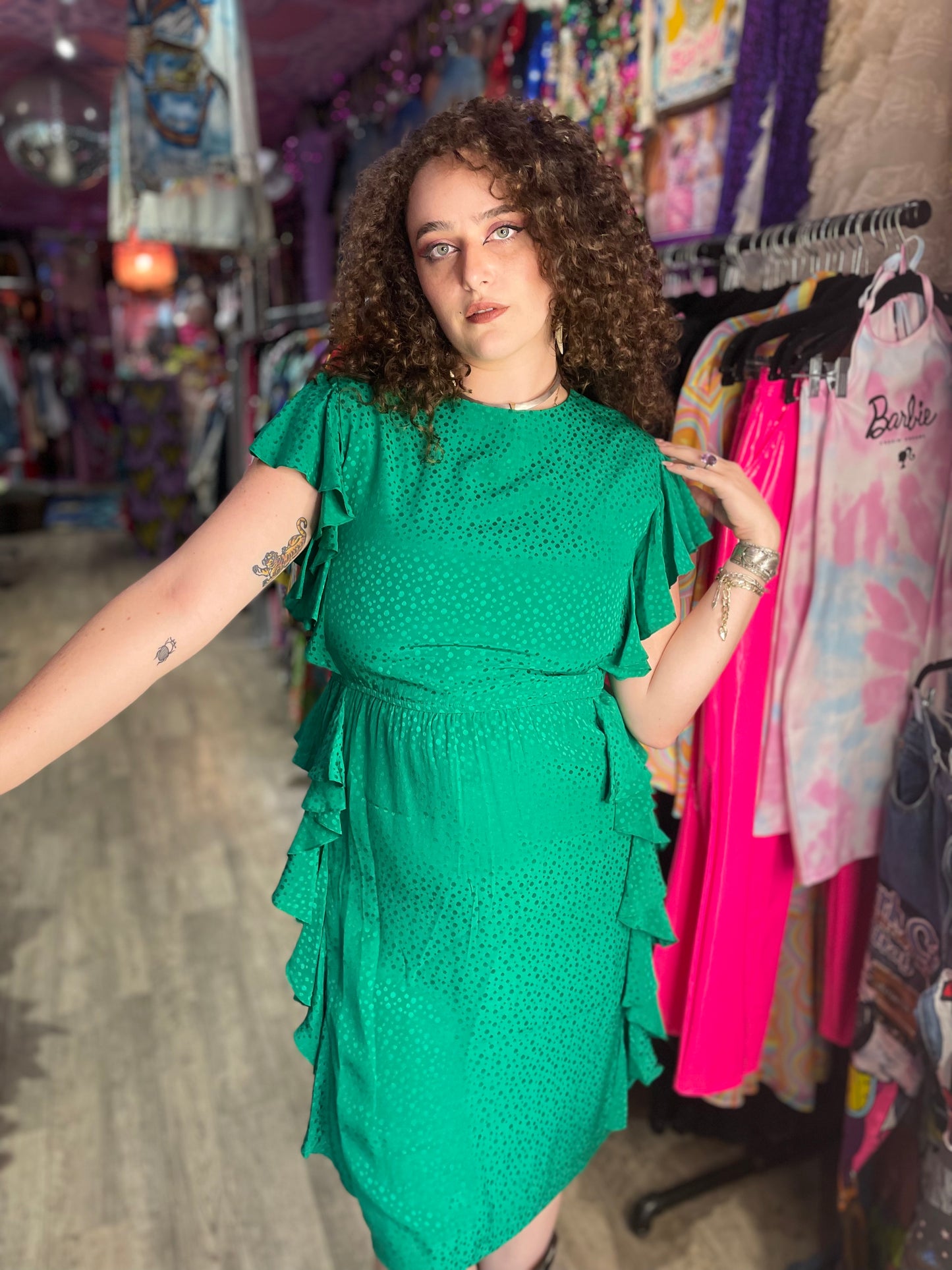Vintage 80’s Emerald Green Embossed Silky Ruffle Dress