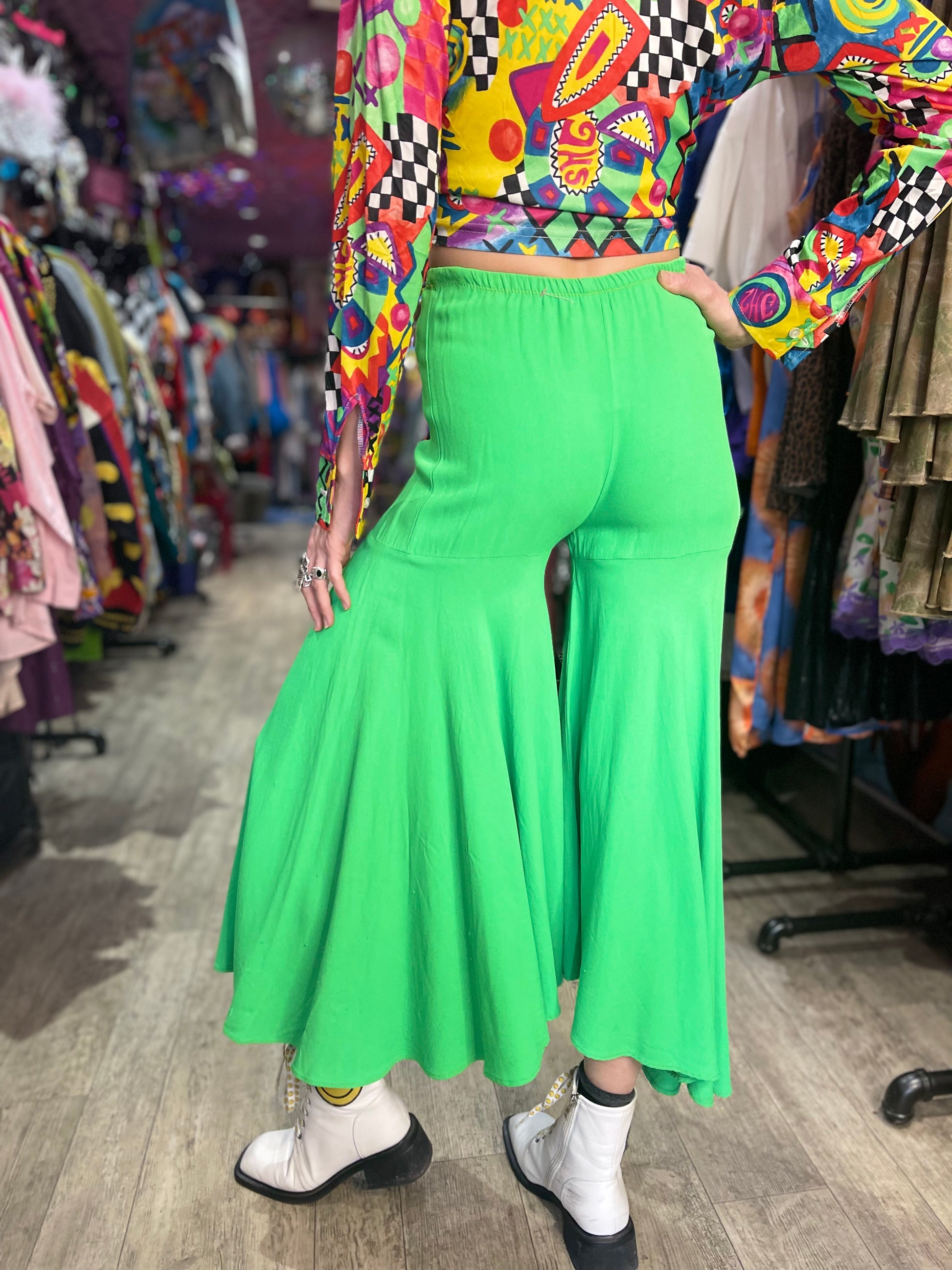 Vintage Lime Green Hippie Palazzo Bell Bottom Pants