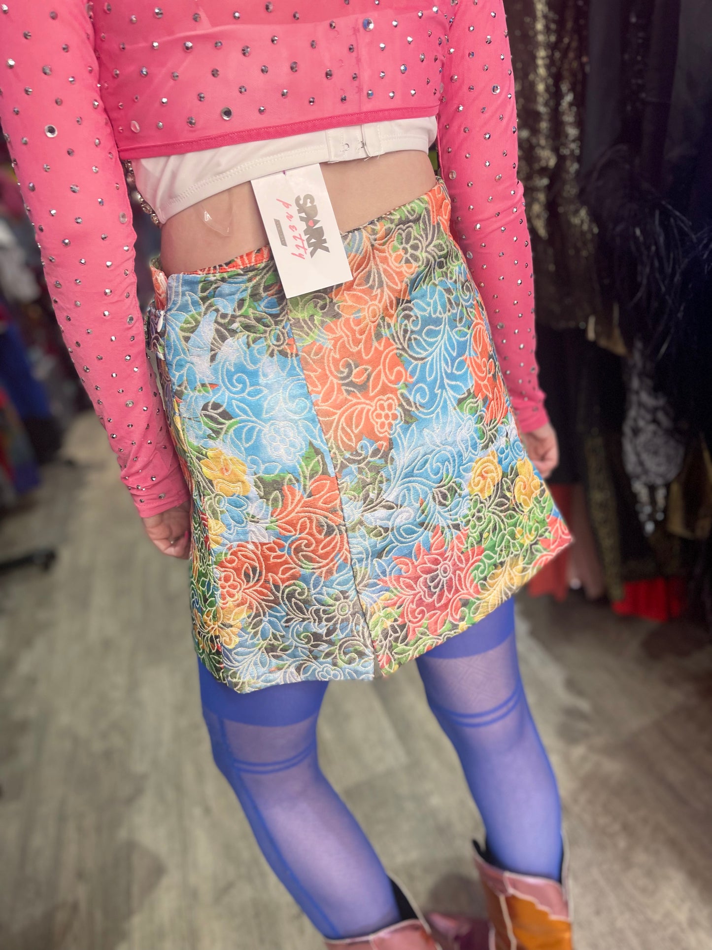 Vintage Y2K Orange Blue Floral Brocade Mini Skirt