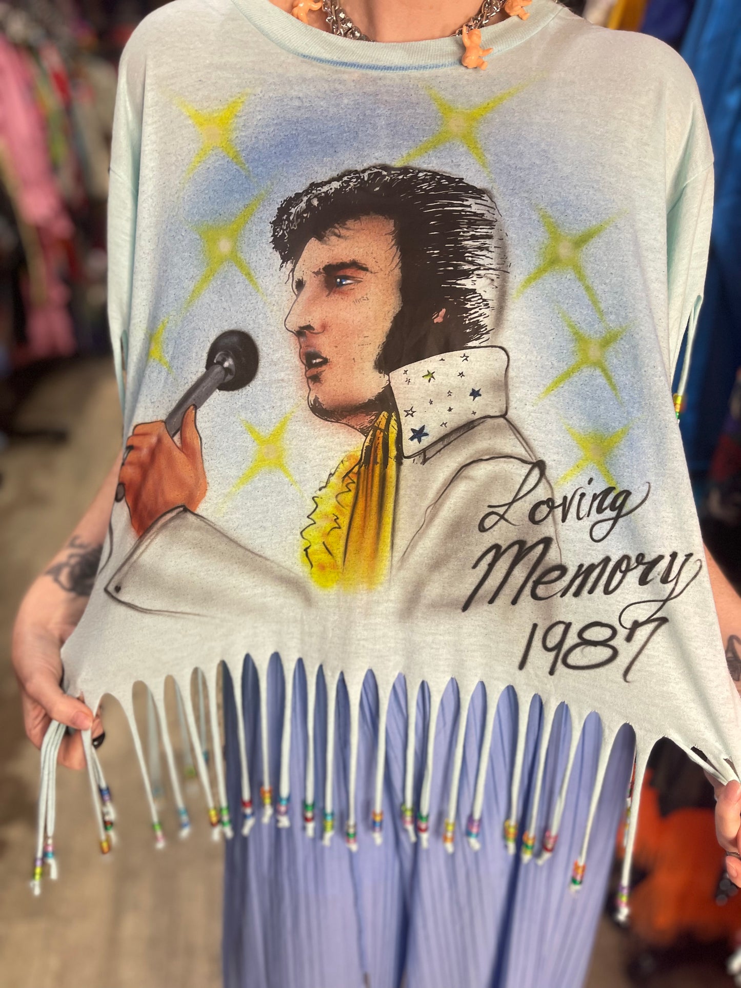 Vintage 80s Airbrushed Elvis Beaded Fringe T-Shirt