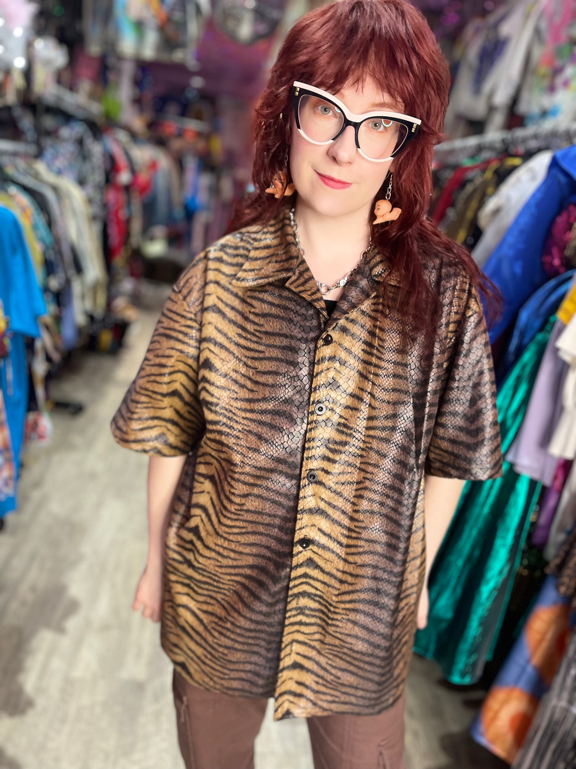 Vintage 90s Brown Textured Tiger Rave Shirt - Spark Pretty