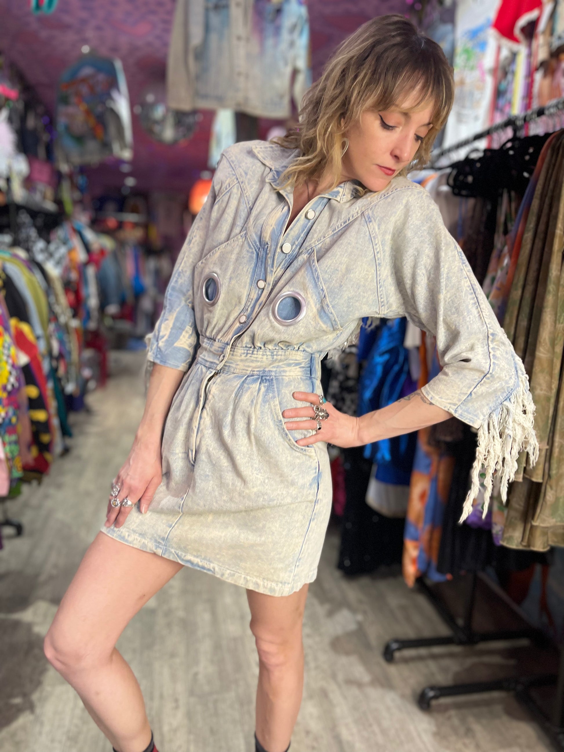 Vintage 80’s Acid Wash Fringe Denim Mini Dress - Spark Pretty