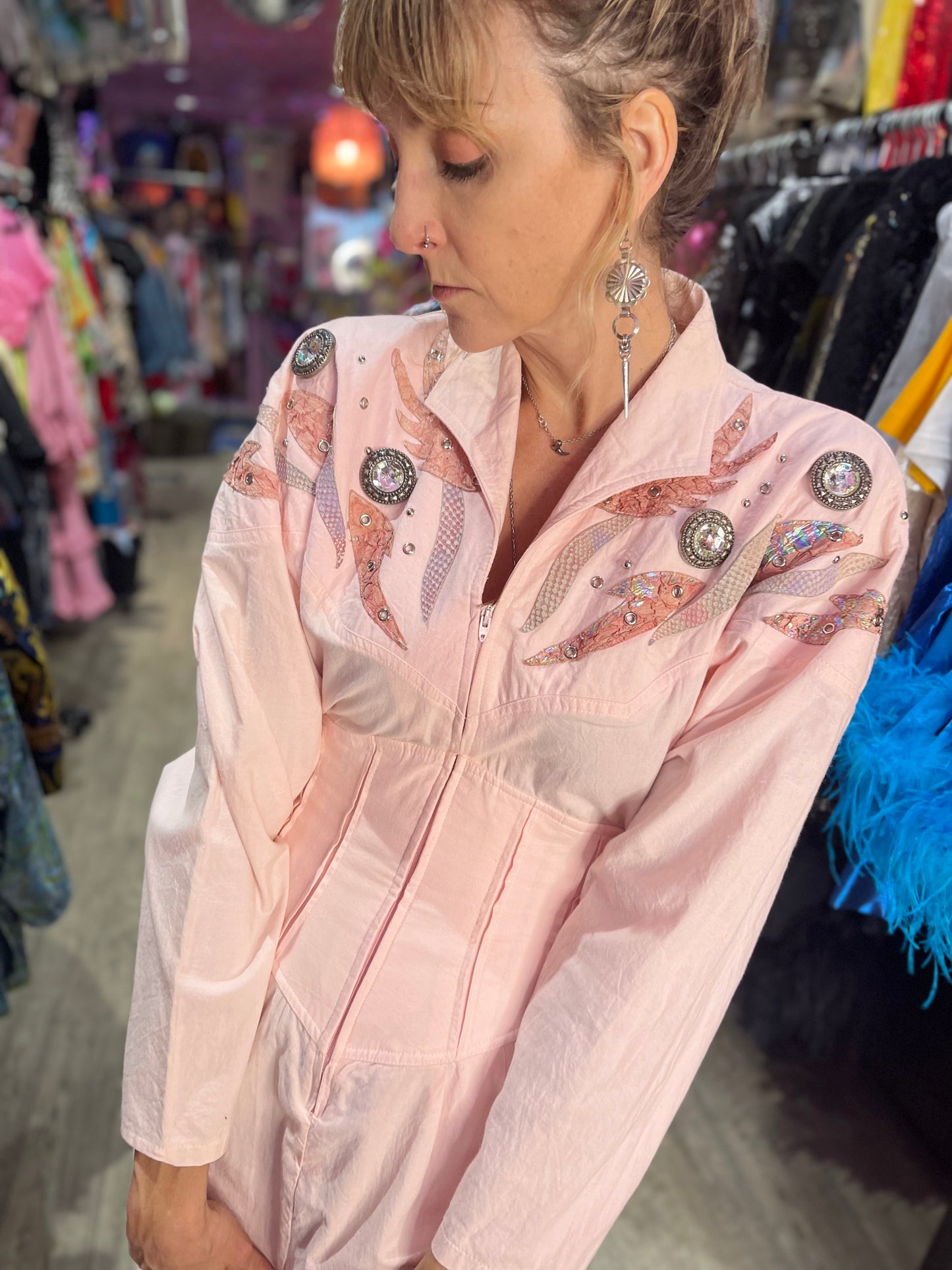 Vintage 80’s Pastel Pink Embroidered Jewel Studded Zip Up Mini Dress