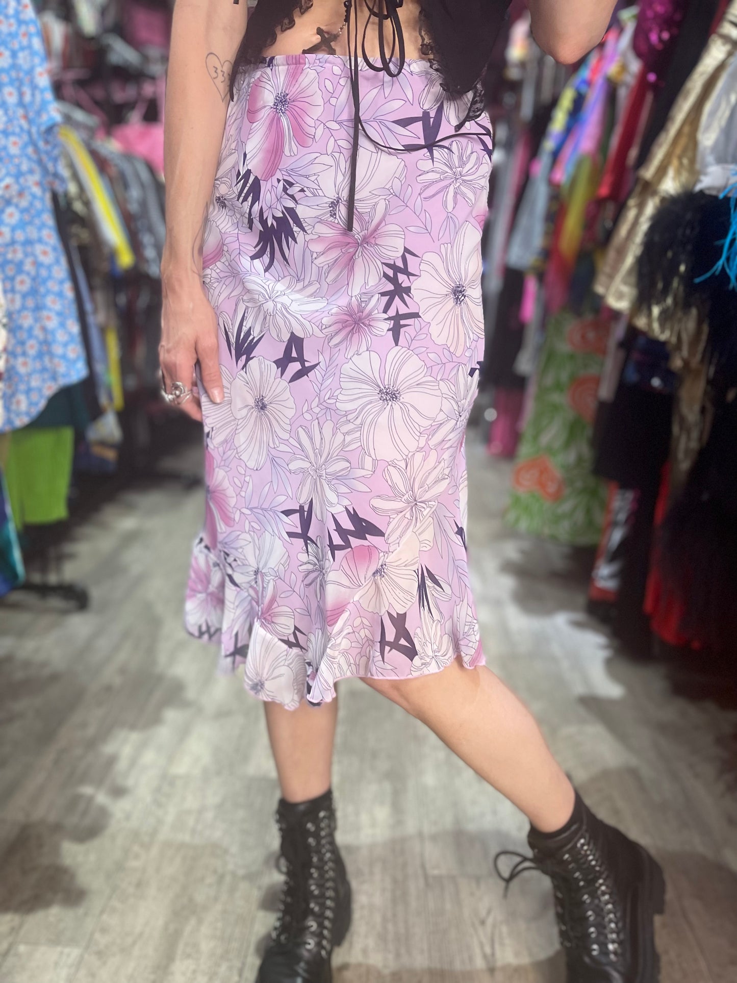 Vintage Y2K Purple Floral Ruffle Midi Skirt
