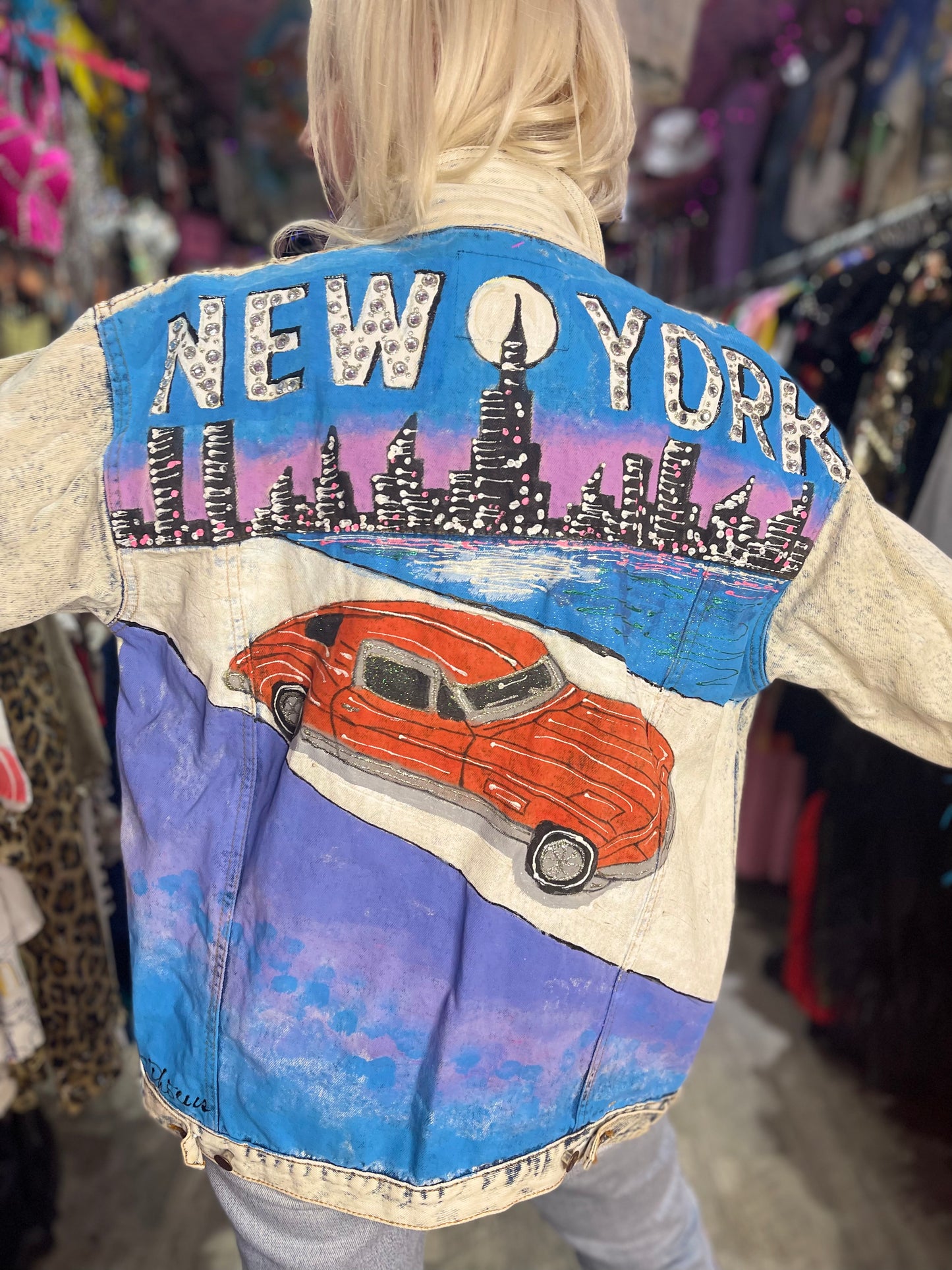 Vintage 80s Painted and Bedazzled New York Jean Jacket