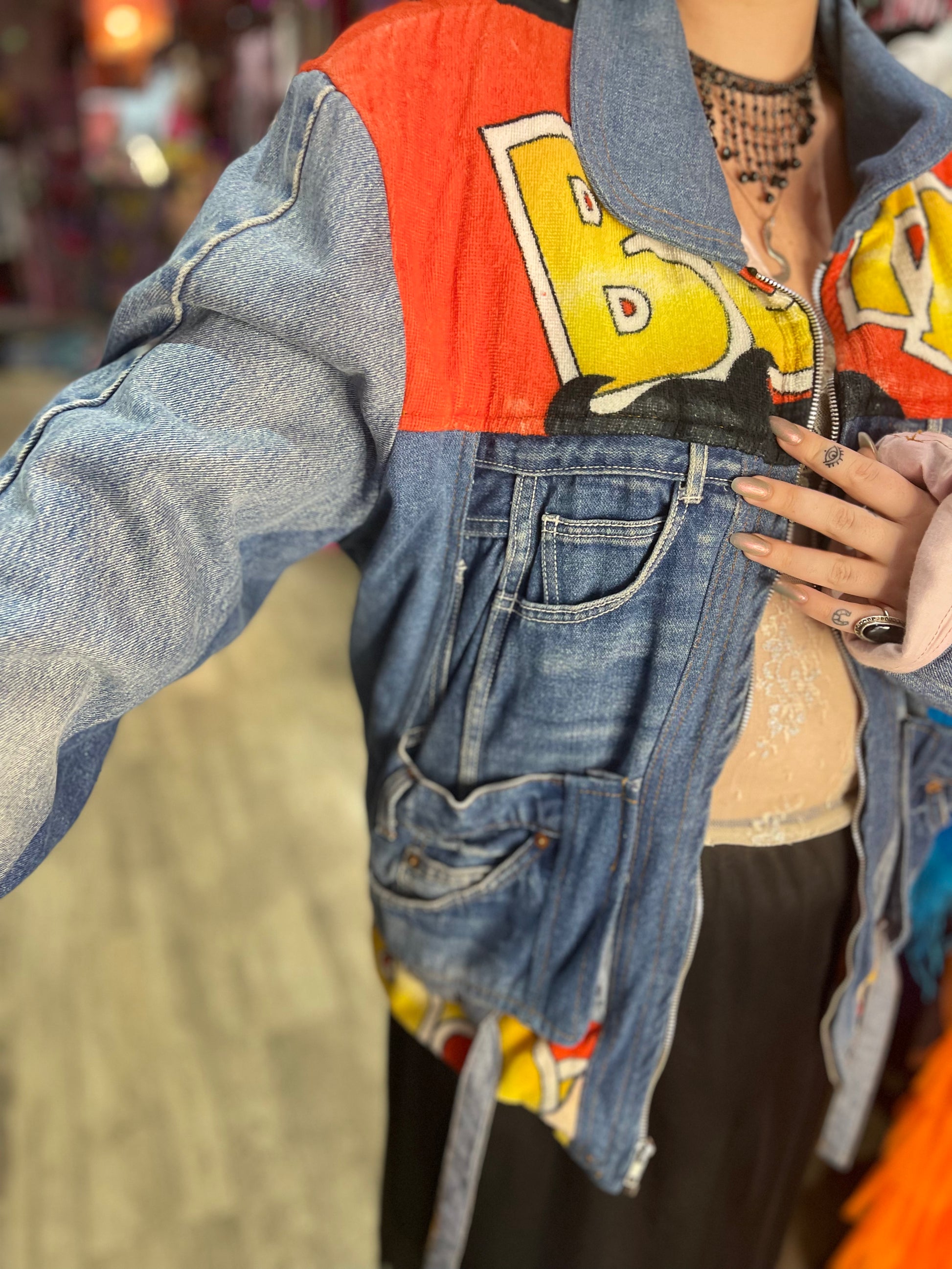 90s color top block denim jacket