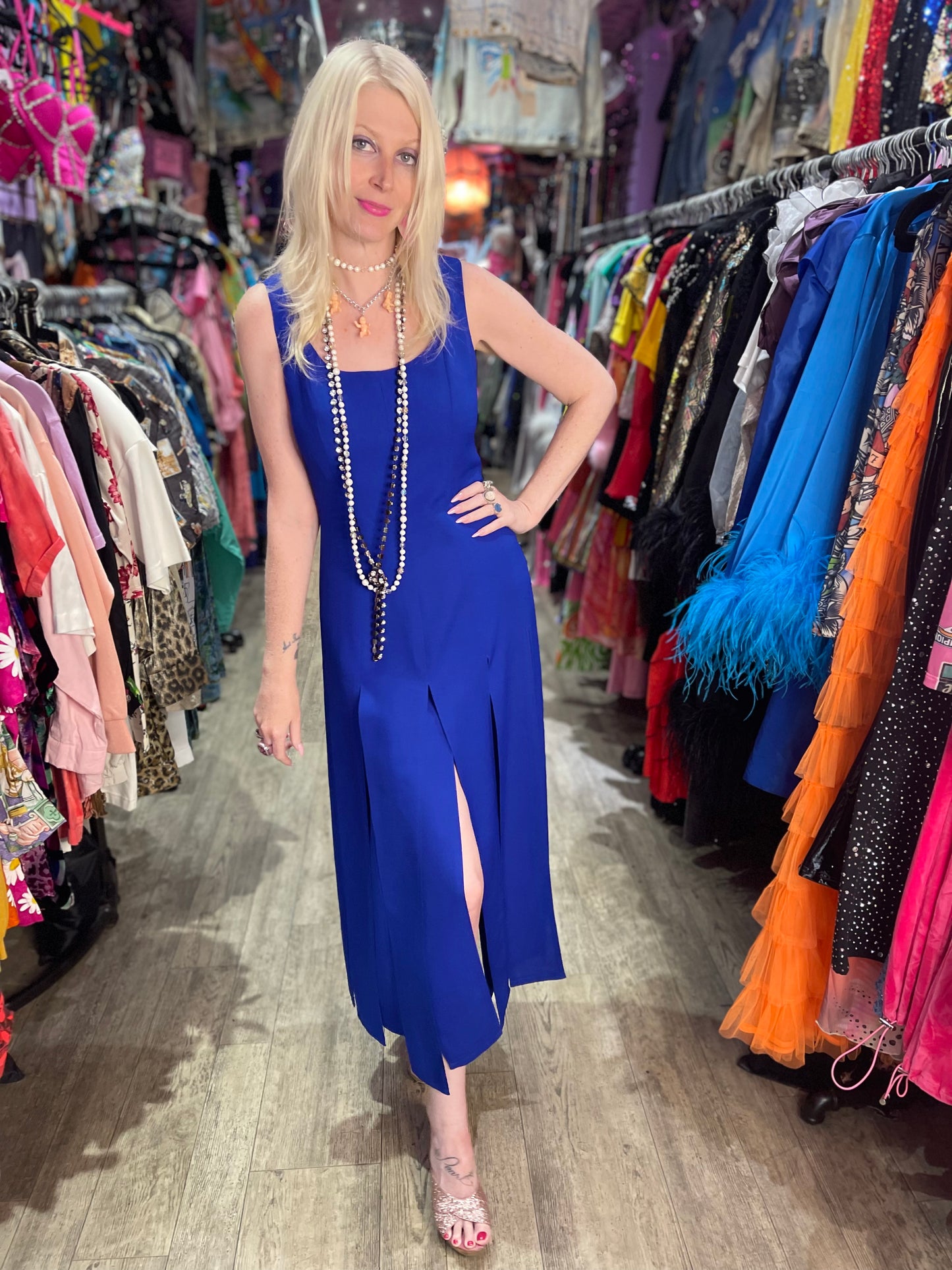 Vintage 90’s Blue Vent Pleat Fringe Maxi Dress