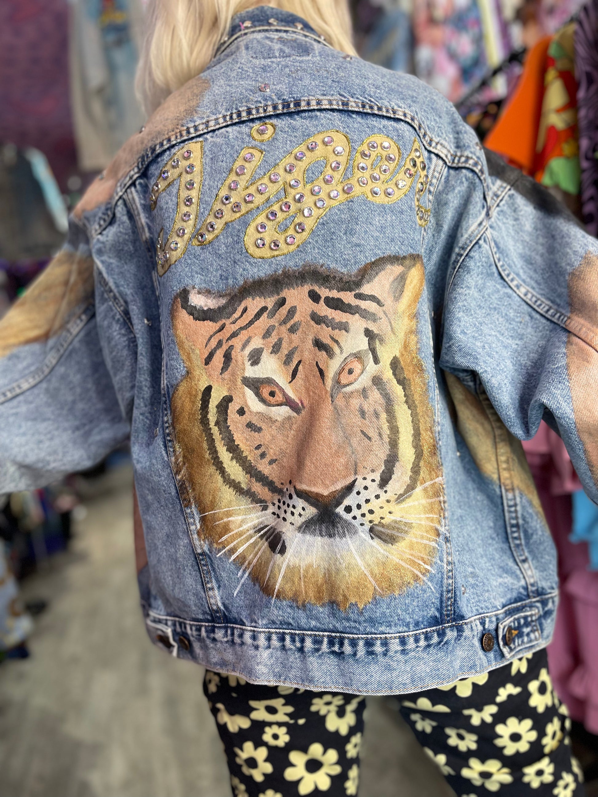 Vintage 80s Bedazzled Painted Tiger Jean Jacket - Spark Pretty