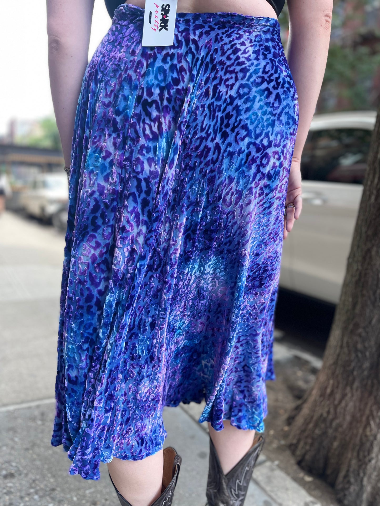 Vintage 90s Icy Blue Leopard Burnout Plus Size Skirt
