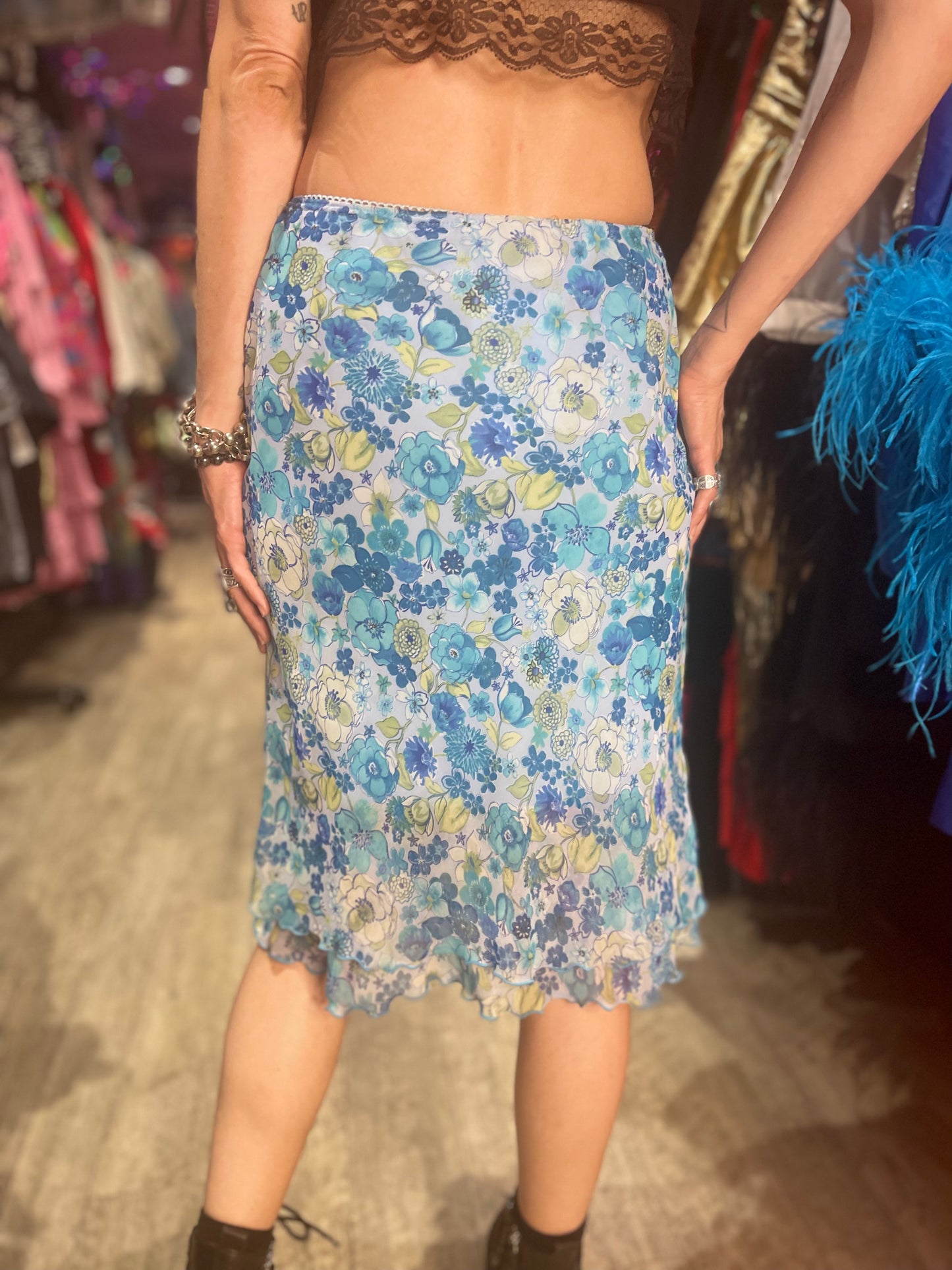 Vintage Y2K Blue Floral Midi Skirt