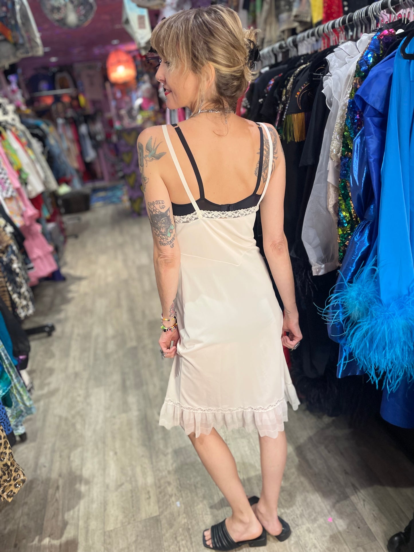 Vintage Cream Lace Ruffle pleated Slip Dress