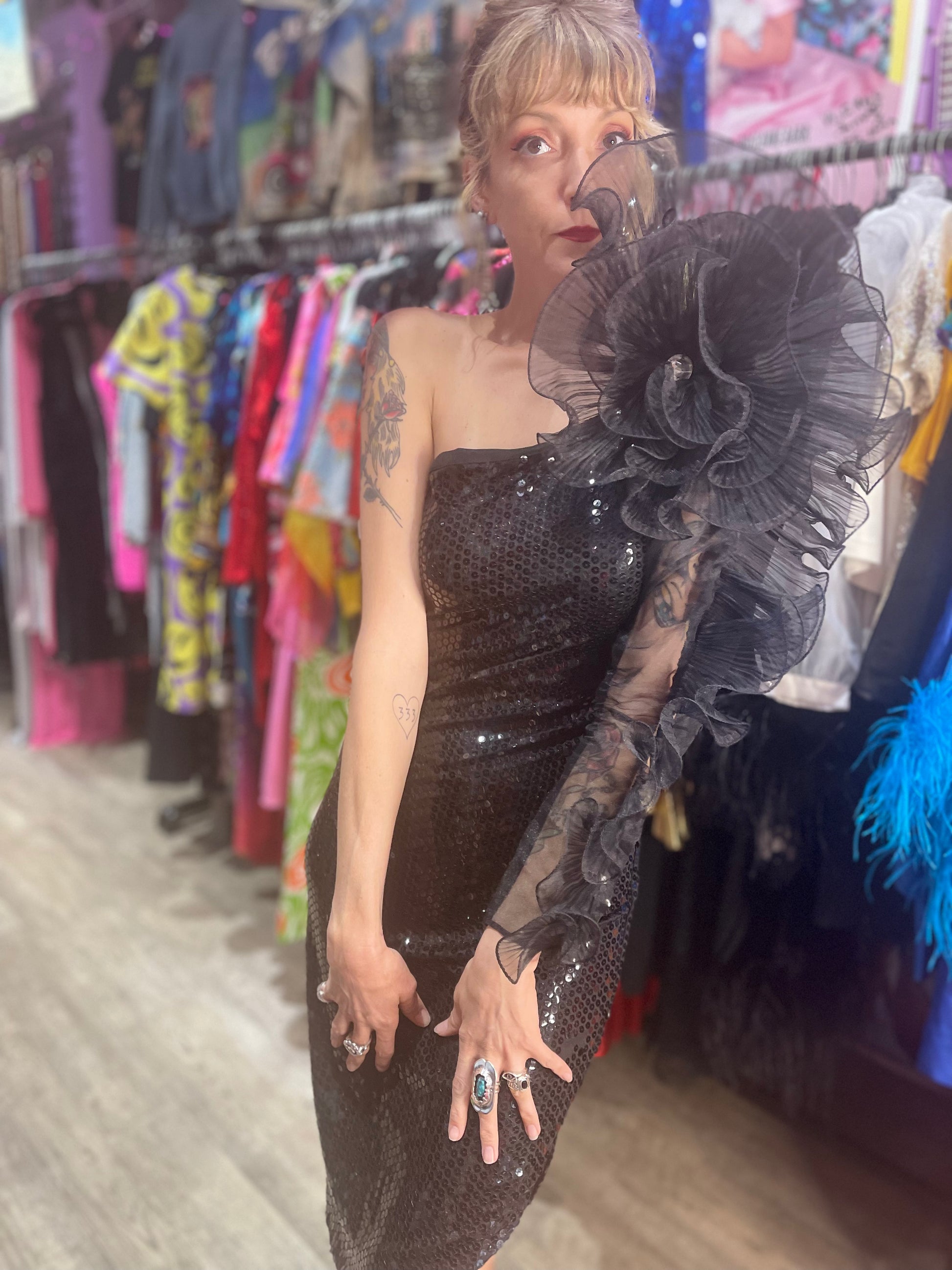 Vintage 80s Dramatic Shoulder Sequin Dress Vintage 80s Dramatic Shoulder Sequin Dress