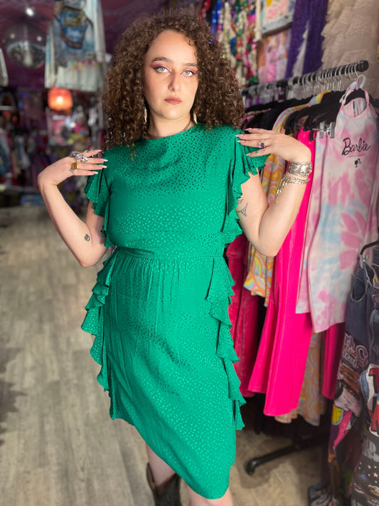 Vintage 80’s  Emerald Embossed Silky Ruffle Dress