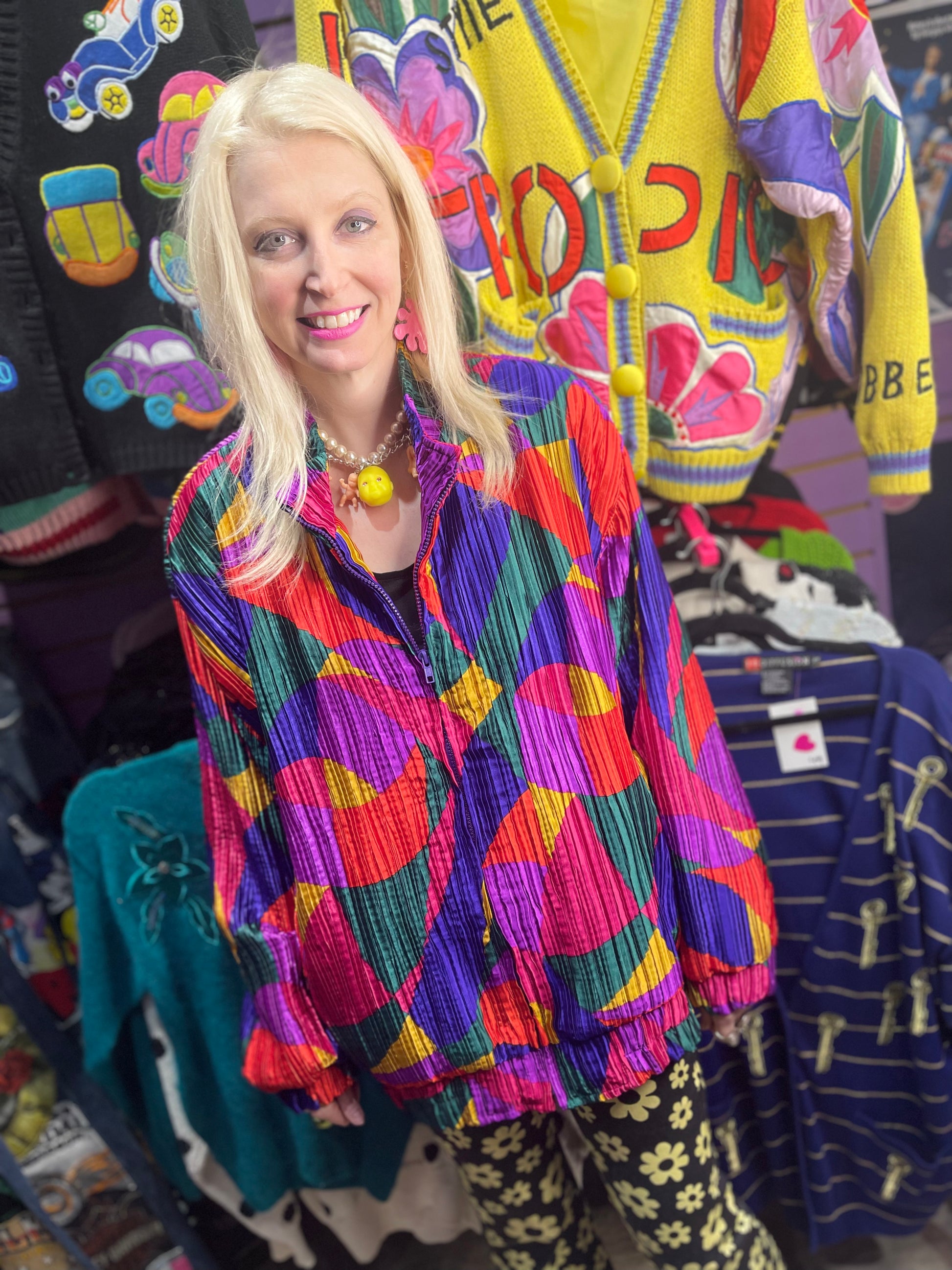 Vintage 90s Colorful Pleated Bomber Jacket - Spark Pretty