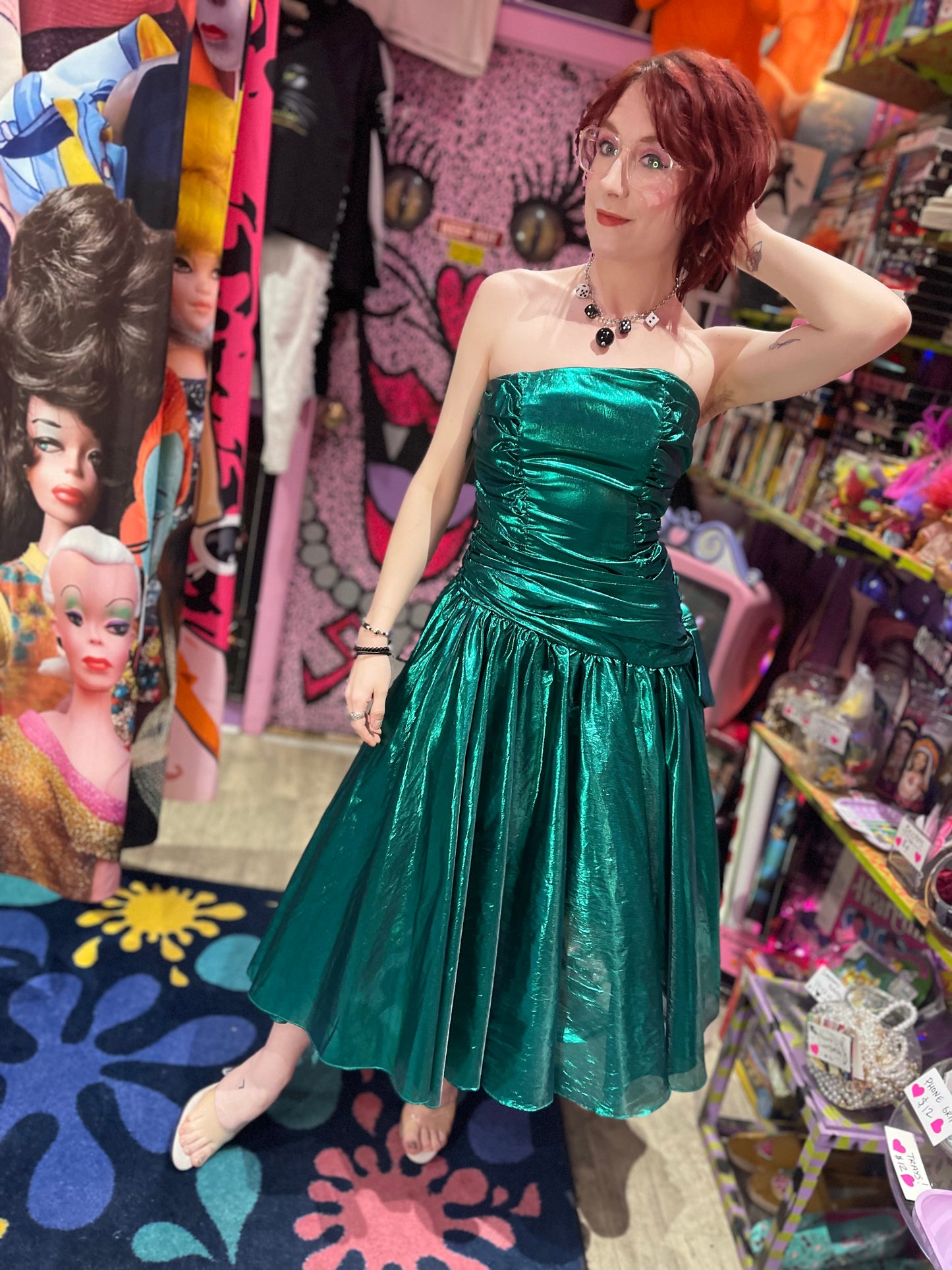 Vintage 80s Metallic Emerald Green Asymmetrical Party Dress - Spark Pretty